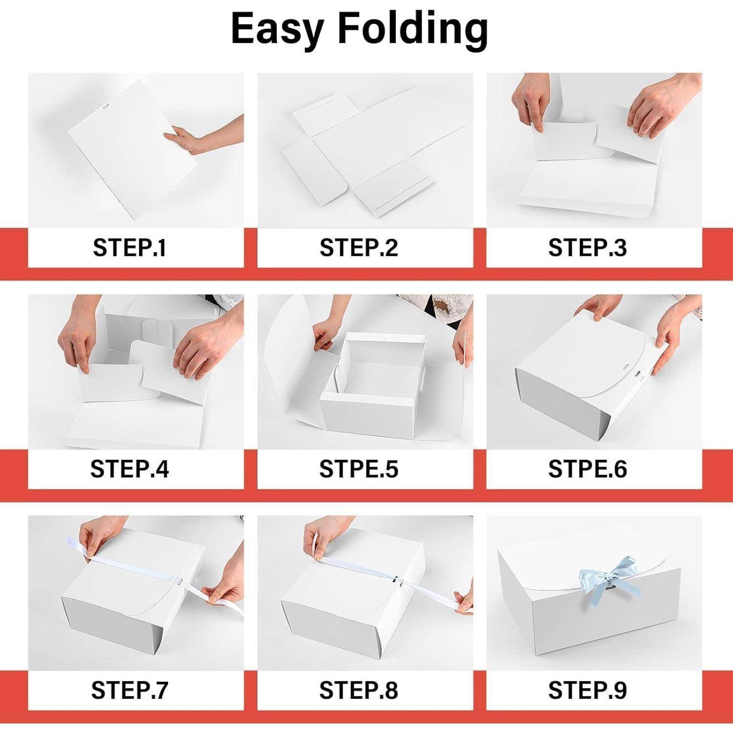 Das Bild zeigt eine Schritt-für-Schritt-Anleitung zum Zusammenbau einer Box. Schritte 1-4: Laschen falten und einsetzen. Schritte 5-6: Zu einer Box formen. Schritte 7-9: Mit Klebeband sichern und eine Schleife hinzufügen.