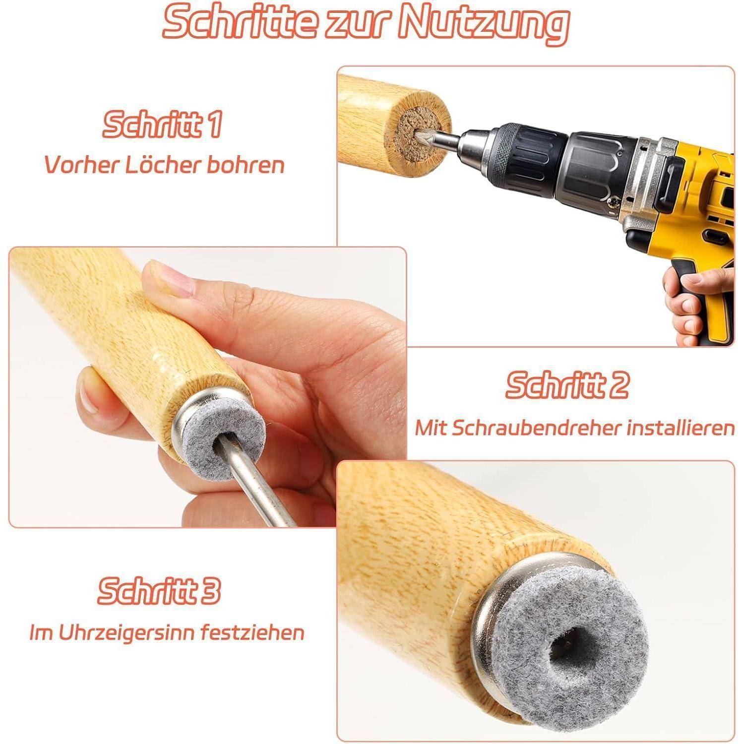 Das Bild zeigt drei Schritte zum Einbau eines Bohrzubehörs: 1) Löcher bohren, 2) Zubehör mit einem Schraubendreher installieren, 3) Im Uhrzeigersinn sichern.