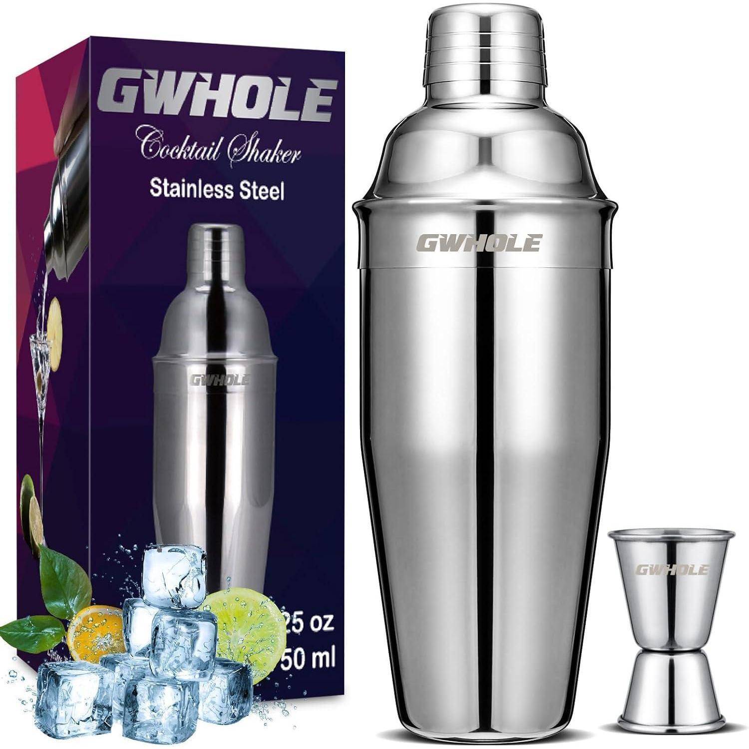 Cocktail-Shaker-Set aus Edelstahl, bestehend aus einem Shaker, einem Messbecher und Verpackung mit Bildern zur Cocktailzubereitung und Produktdetails.