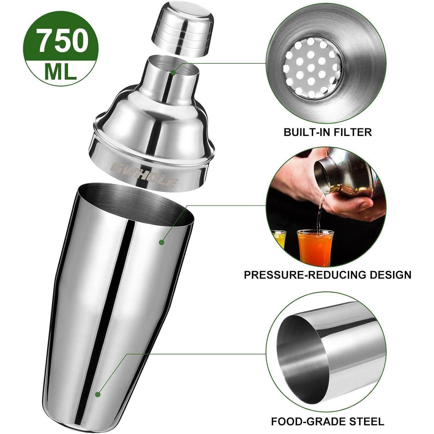 Edelstahl-Cocktail-Shaker mit integriertem Filter, druckreduzierendem Design und lebensmittelechtem Stahl, mit 750 ml Fassungsvermögen gekennzeichnet.