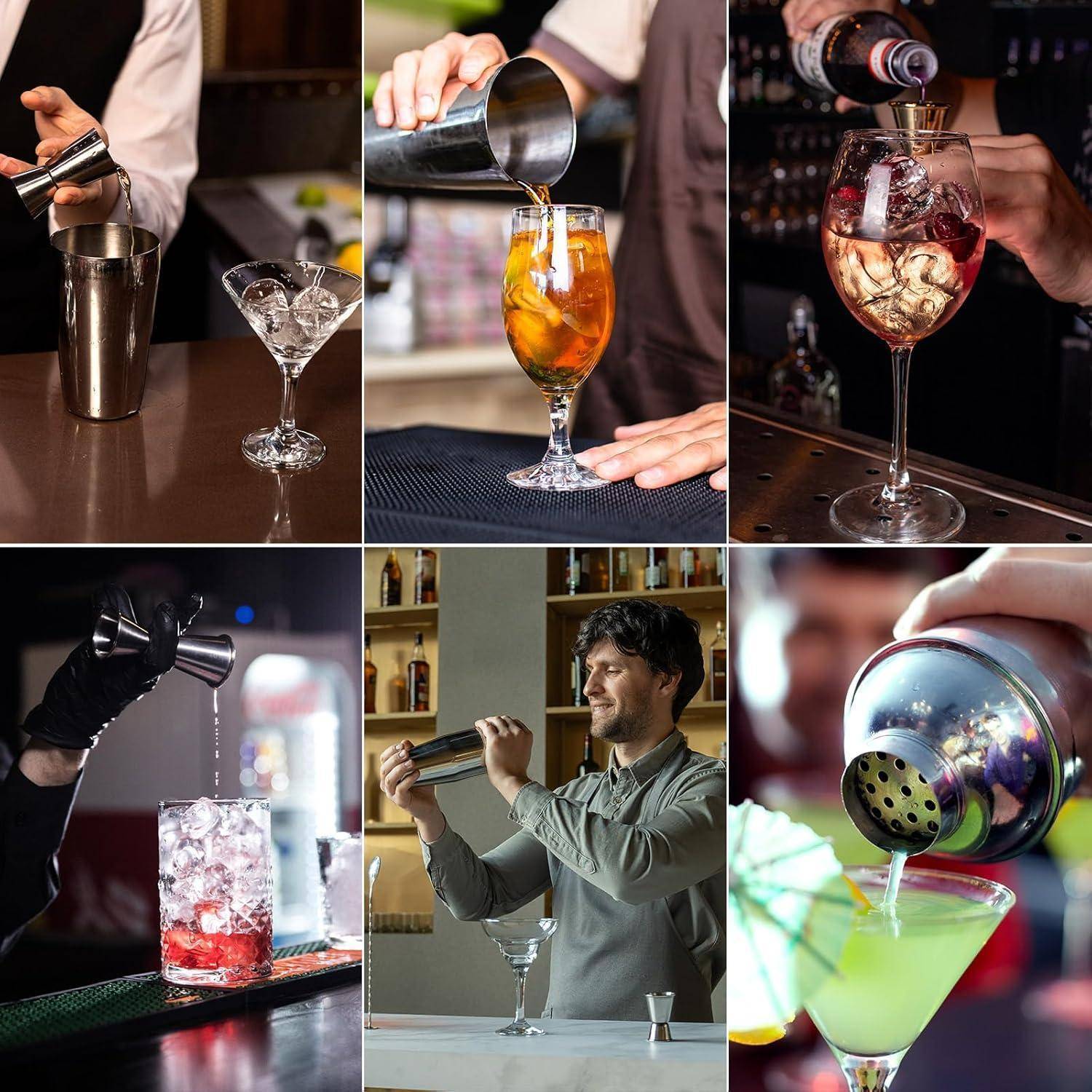 Collage von Barkeepern, die Cocktails zubereiten, mit Techniken zum Einschenken, Schütteln und Garnieren verschiedener Getränke in unterschiedlichen Gläsern.