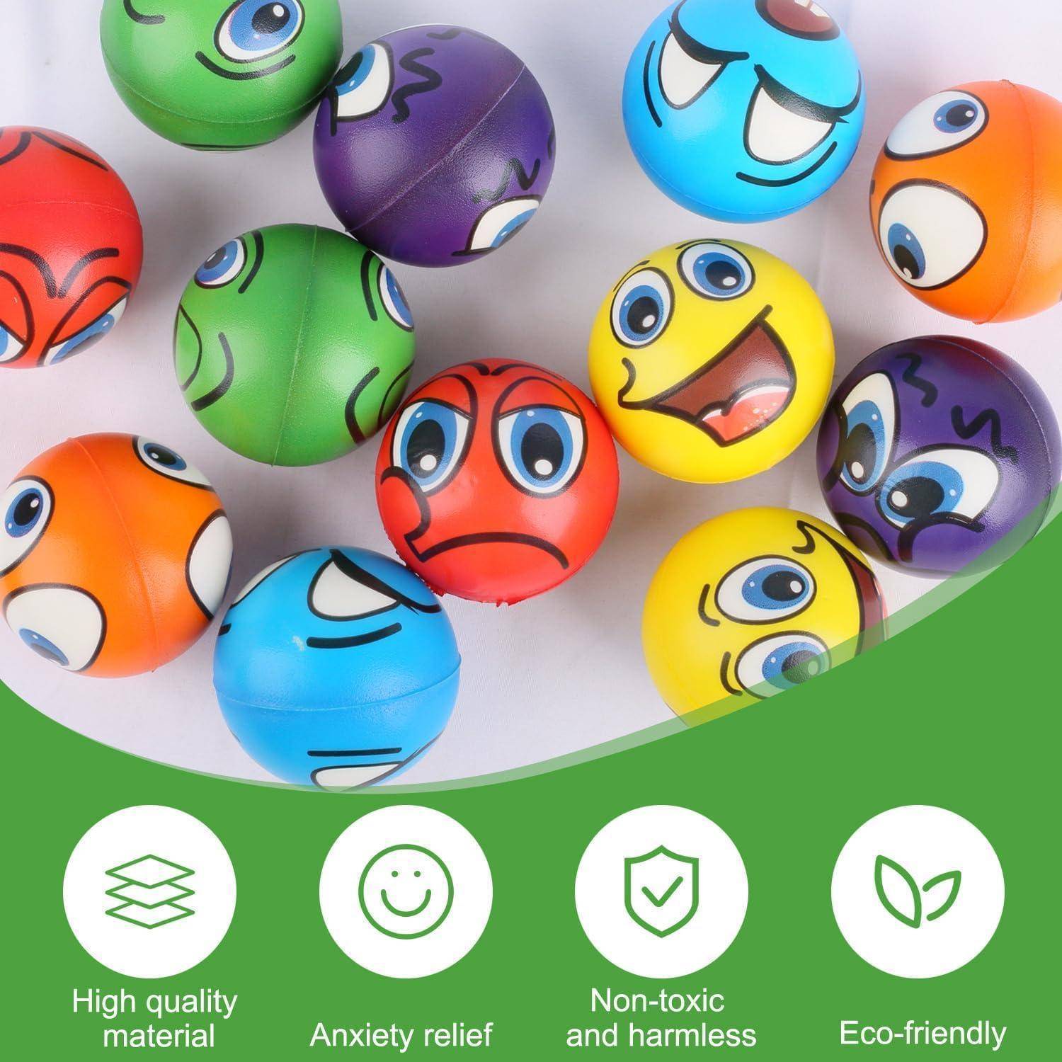Bunte Stressbälle mit verschiedenen Gesichtsausdrücken sind in einem Kreis angeordnet. Darunter befinden sich Icons, die Merkmale hervorheben: Qualität, Erleichterung, ungiftig, umweltfreundlich.