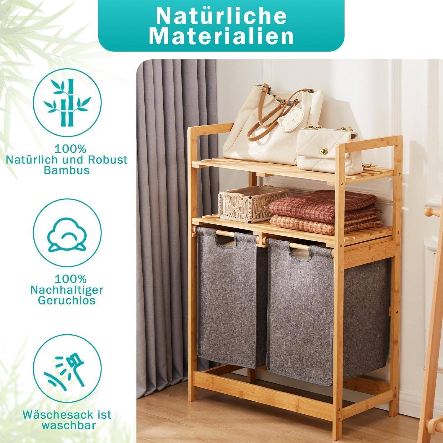 Wäschekorb Bambus mit 2 Ablagen, 2 Wäschesäcke 93x64x33cm Grau