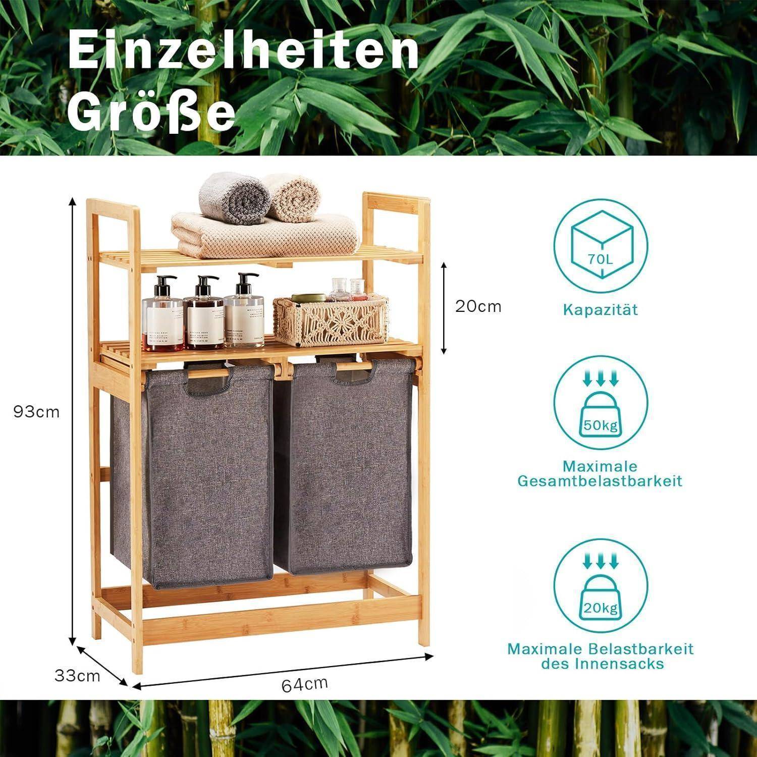 Ein Bambus-Regaleinheit mit zwei Wäschekörben, Handtüchern und Aufbewahrungskörben; misst 93 cm in der Höhe und 64 cm in der Breite; Tragfähigkeit 50 kg.