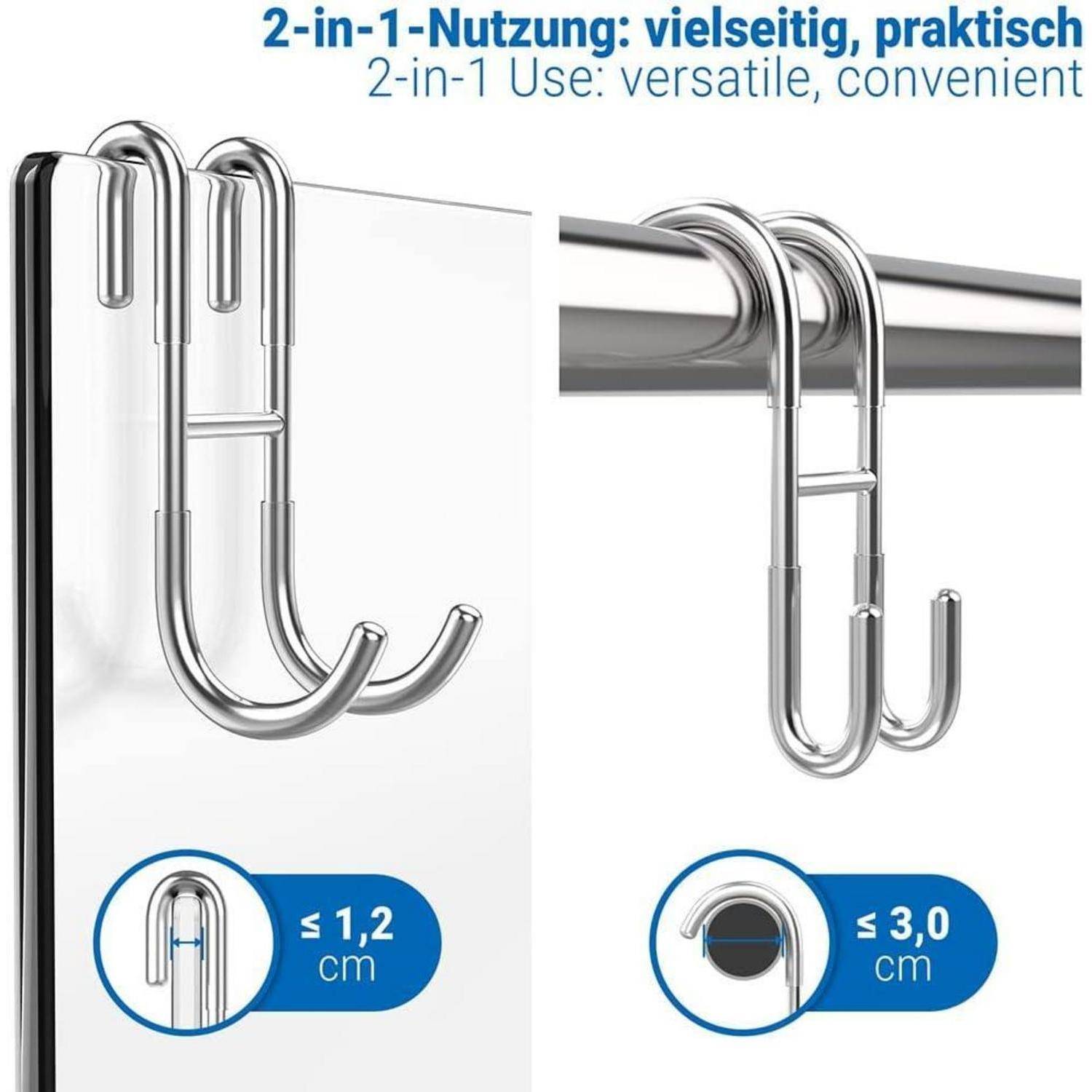 2-in-1 Nutzung: vielseitig, praktisch' - Doppelte Haken zum Aufhängen an Glas oder Stangen, mit Abmessungen für Glasdicke ≤ 1,2 cm und Stangendurchmesser ≤ 3,0 cm.