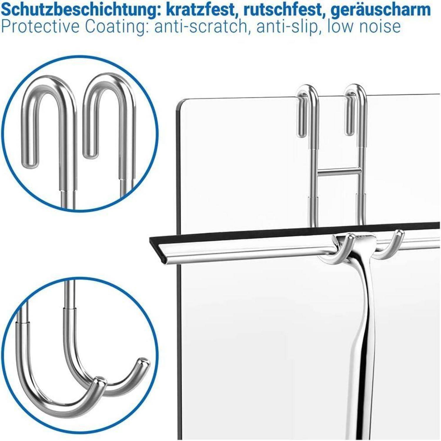 Duschscheiben-Haken mit Schutzüberzug für kratzfeste, rutschfeste und geräuscharme Eigenschaften, die an einer Glasscheibe befestigt sind.