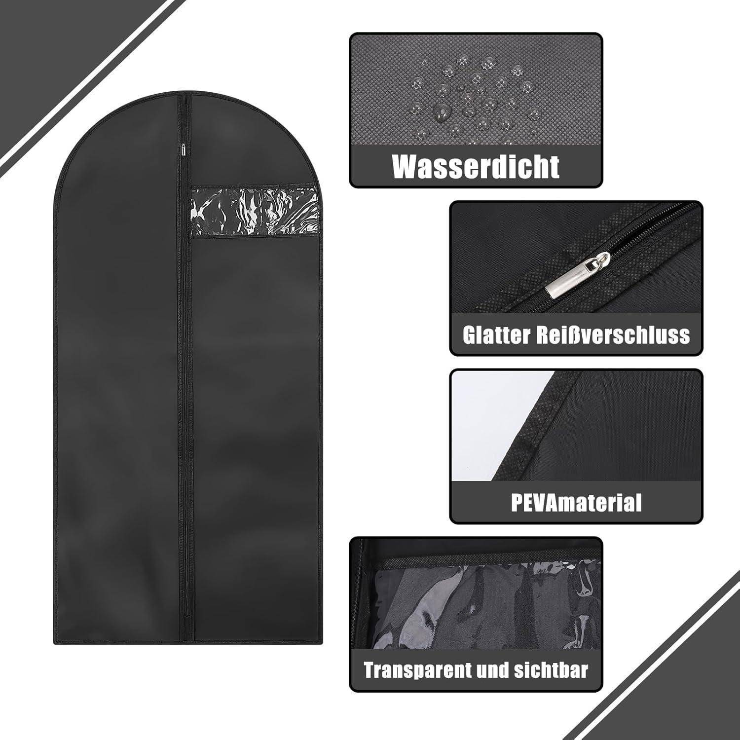 Eine schwarze Kleidertasche mit Reißverschlussverschluss, mit Text auf Deutsch, der die Merkmale hervorhebt: 'Wasserdicht', 'Glatter Reißverschluss', 'PEVAmaterial', 'Transparent und sichtbar'.