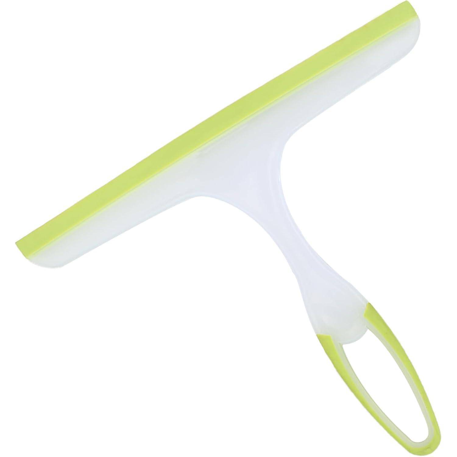 Ein Plastik-Abzieher mit einem weißen Griff und grüner Gummiklinge, verwendet zum Reinigen von Oberflächen wie Fenstern oder Fliesen.