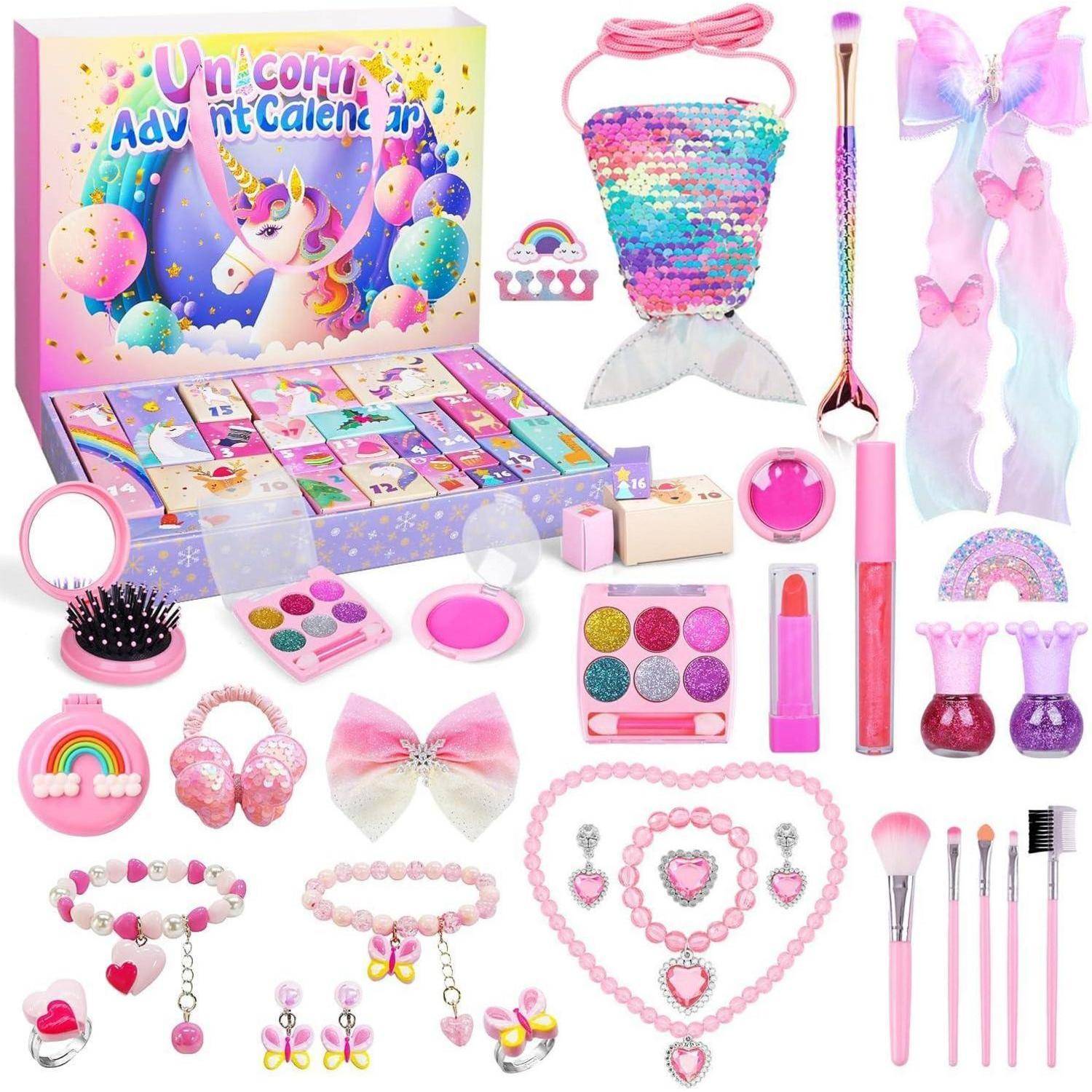 Einhorn-thematischer Adventskalender für Kinder mit Kosmetikprodukten, Schmuck und Accessoires. Enthält eine Vielzahl farbenfroher und verspielter Artikel.
