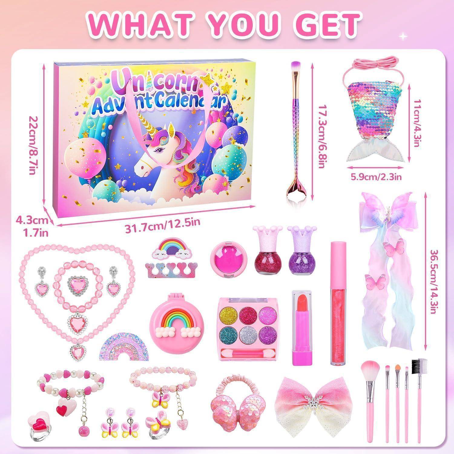 Einhorn-Adventskalender mit verschiedenen Beauty- und Accessoire-Artikeln, darunter eine Tiara, eine Halskette, ein Armband, Make-up und Pinsel.
