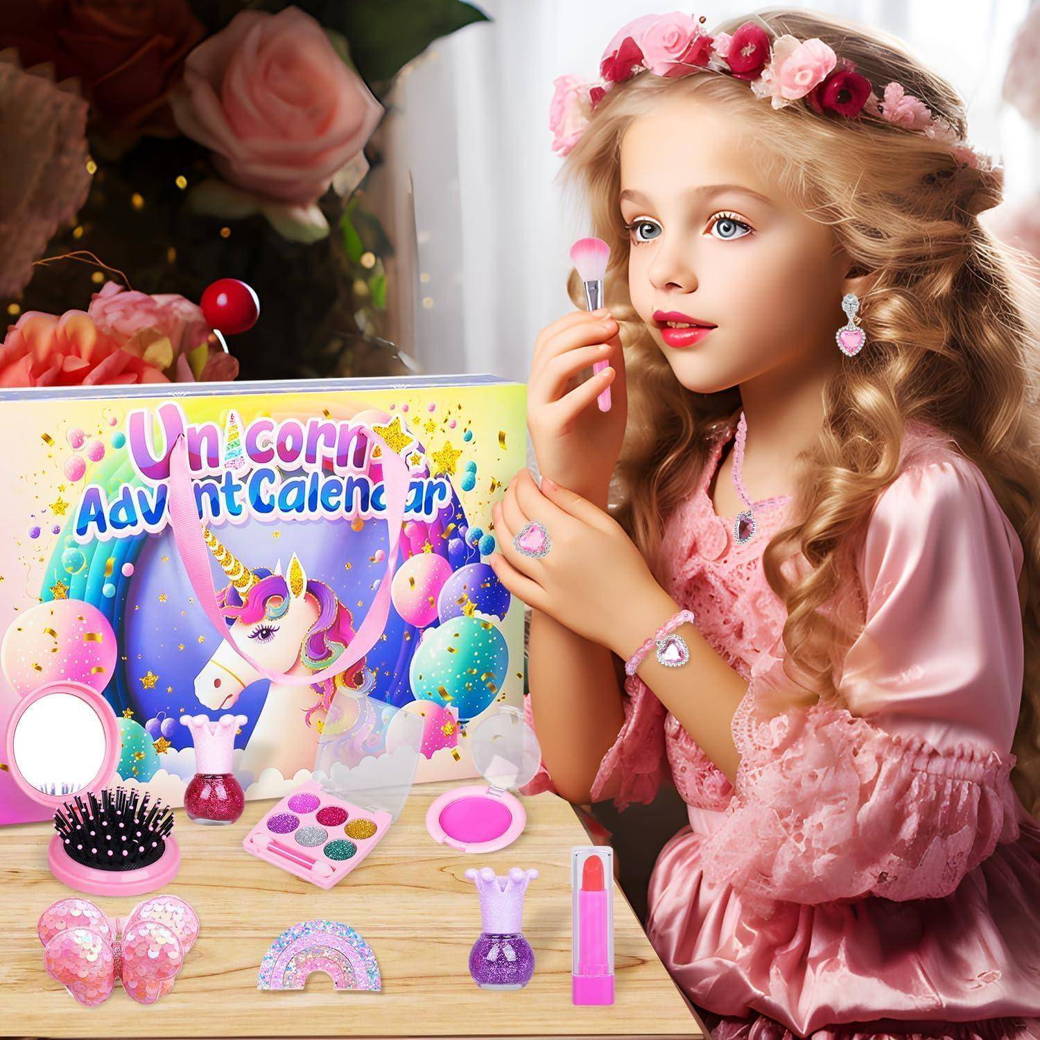 Ein junges Mädchen in einem rosa Kleid und einem blumenverzierten Haarband bewundert einen ‚Einhorn-Adventskalender' mit Make-up-Artikeln. Der Hintergrund zeigt Blumen.