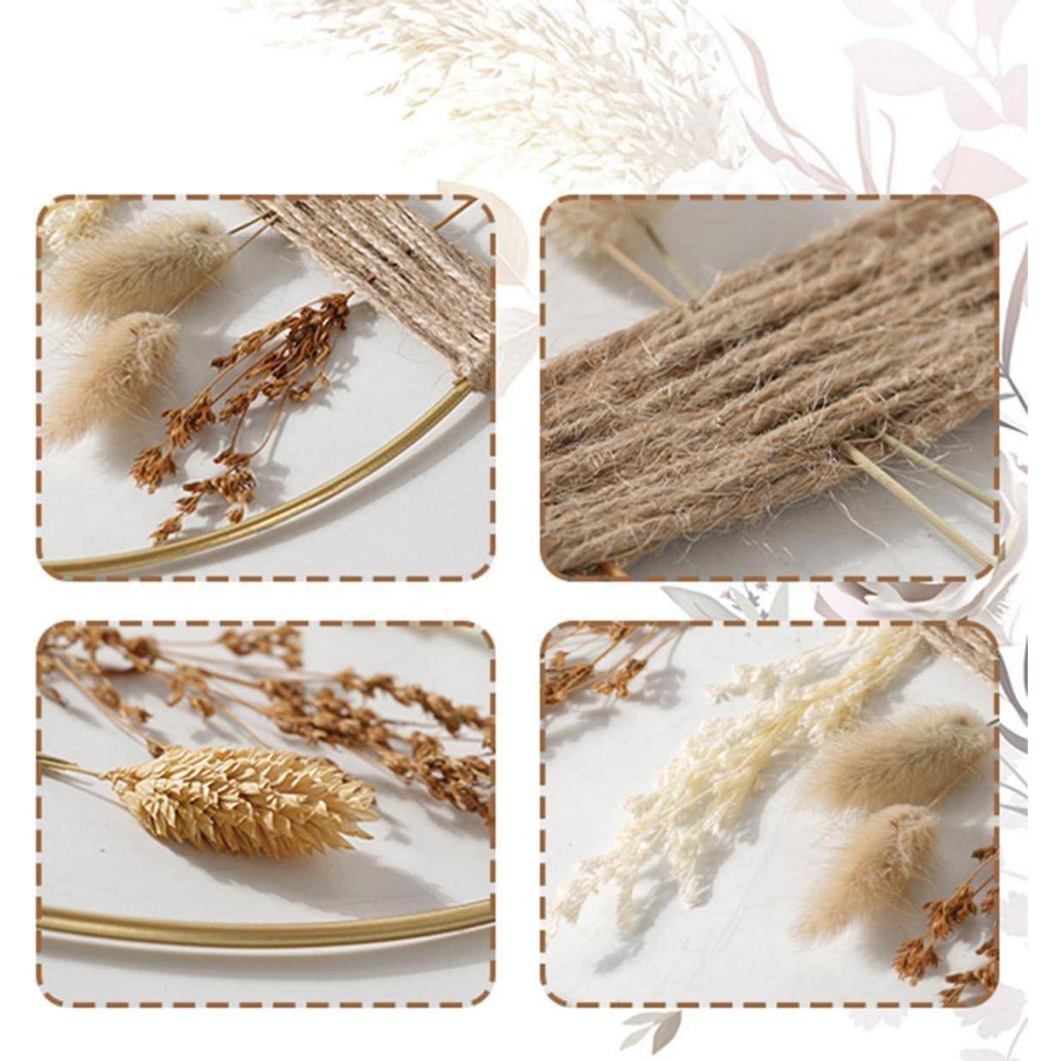 Getrocknete Blumenarrangement-Materialien: verschiedene Stiele, Weizen und Juteschnur auf hellem Hintergrund, häufig zum Basteln verwendet.
