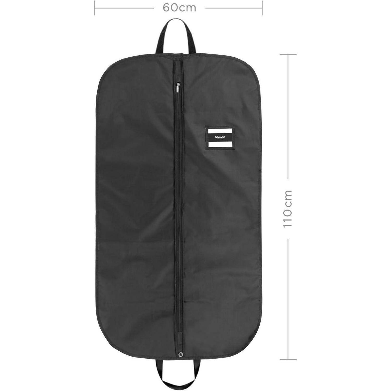 Schwarze Kleidertasche mit Reißverschluss-Verschluss, mit Beschriftung '110cm' Länge und '60cm' Breite. Tragegriffe oben und unten zum Tragen.