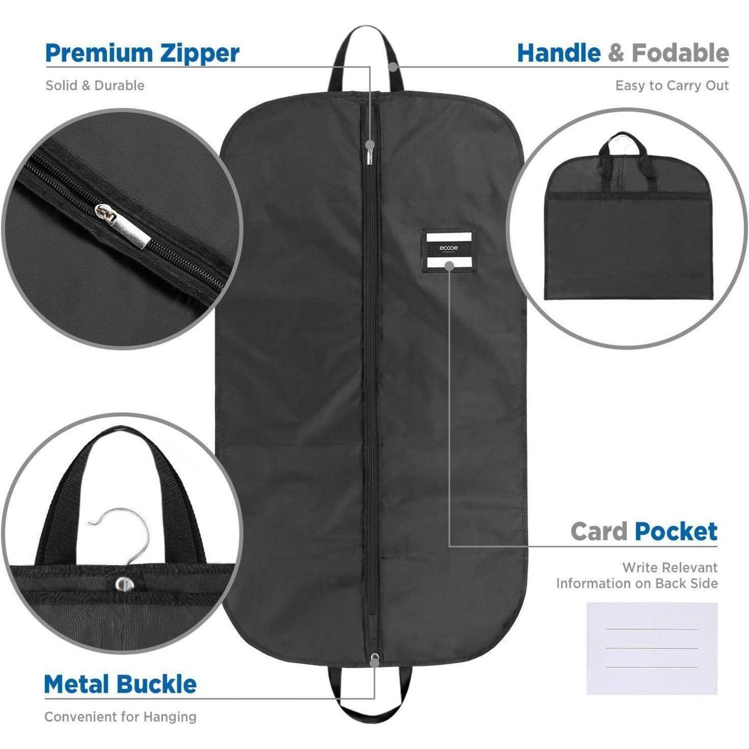 Schwarze Kleidertasche mit 'Premium-Reißverschluss', bekannt für ihre Haltbarkeit, 'Griff & Faltbar' für gute Transportierbarkeit und 'Kartenfach' zum Beschriften.