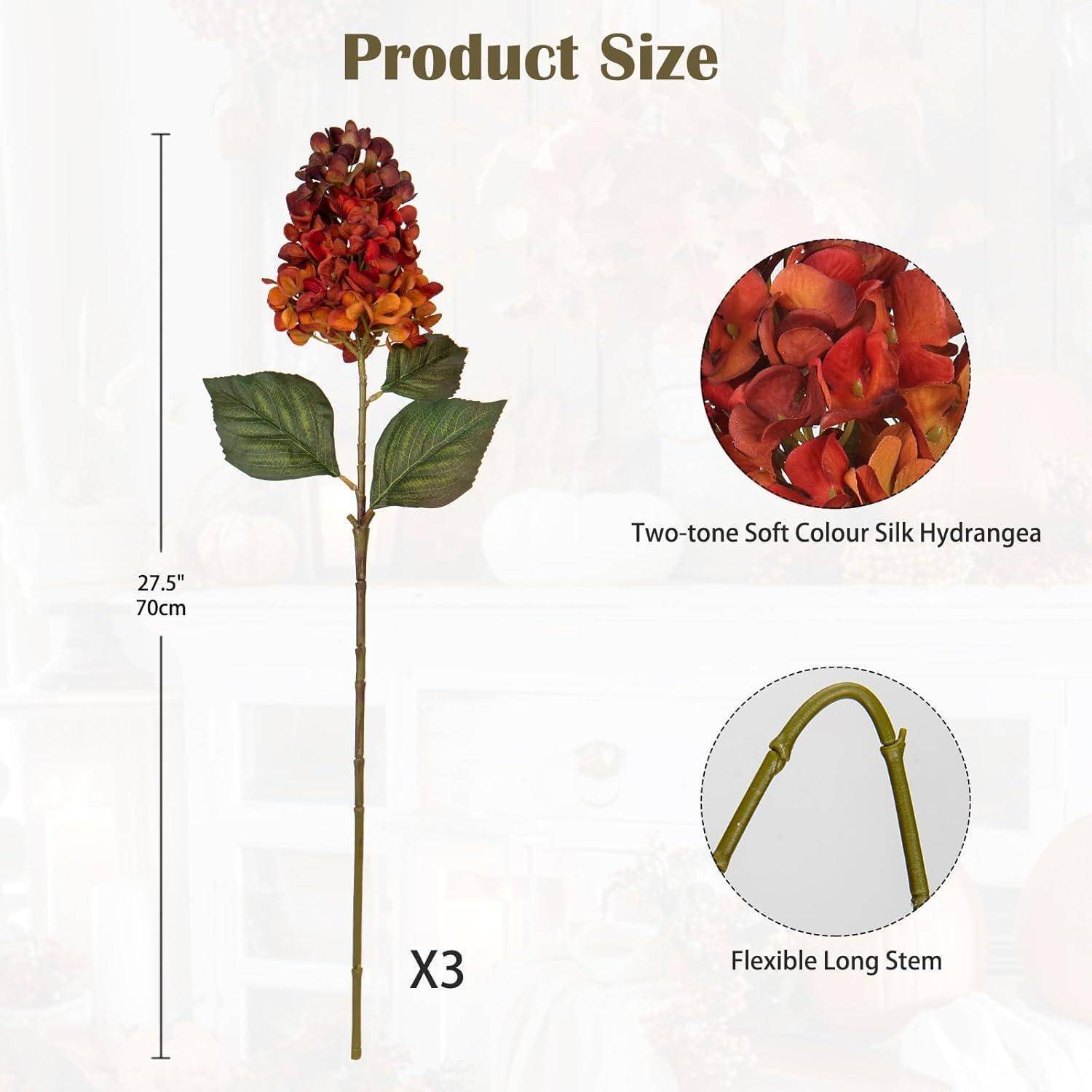 3er Set Künstliche Hortensien Kunstblumen 73CM Orange für