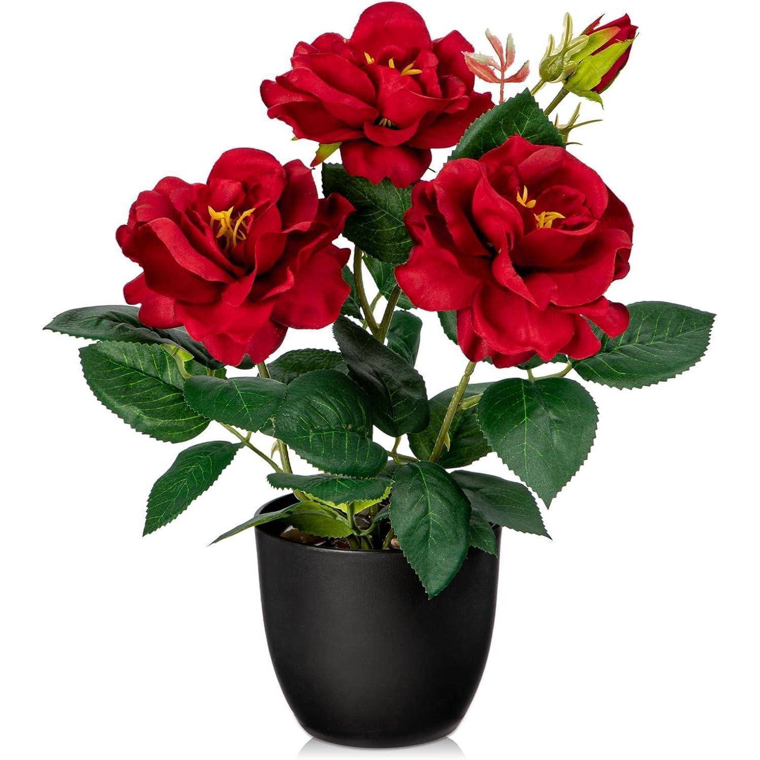 Kunstblumen Kunstrosen Deko Rote Blumen im Topf 28 cm Büro Hotel Bad