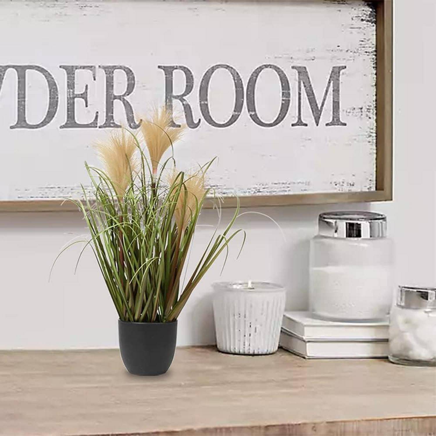 Eine kleine Pflanze in einem schwarzen Topf steht auf einem Holzregal. Dahinter befindet sich ein rustikales Schild mit dem teilweise sichtbaren Text ‚POWDER ROOM'. In der Nähe stehen dekorative Gläser.