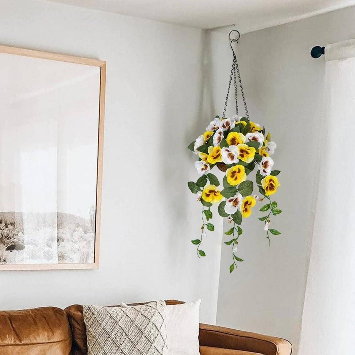 Hängende Pflanze mit gelben und weißen Blüten in einem Wohnzimmer, in der Nähe eines Vorhangs und einer Wandkunst. Natürliches Licht von einem nahegelegenen Fenster.