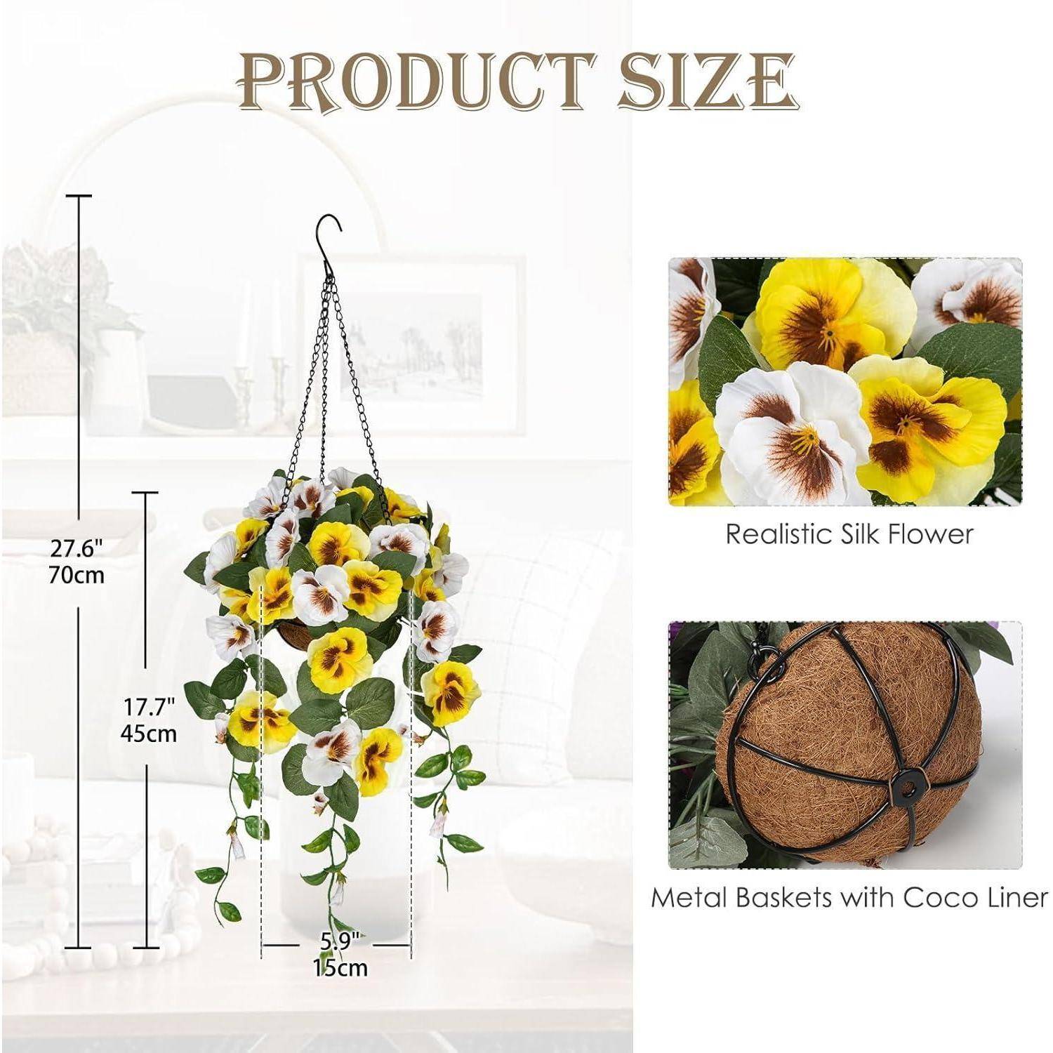 Größe des Hängekorbs: 70 cm hoch, 39 cm breit. Ausgestattet mit realistischen Seidenblumen, Metallkorb mit Kokosfasereinsatz.