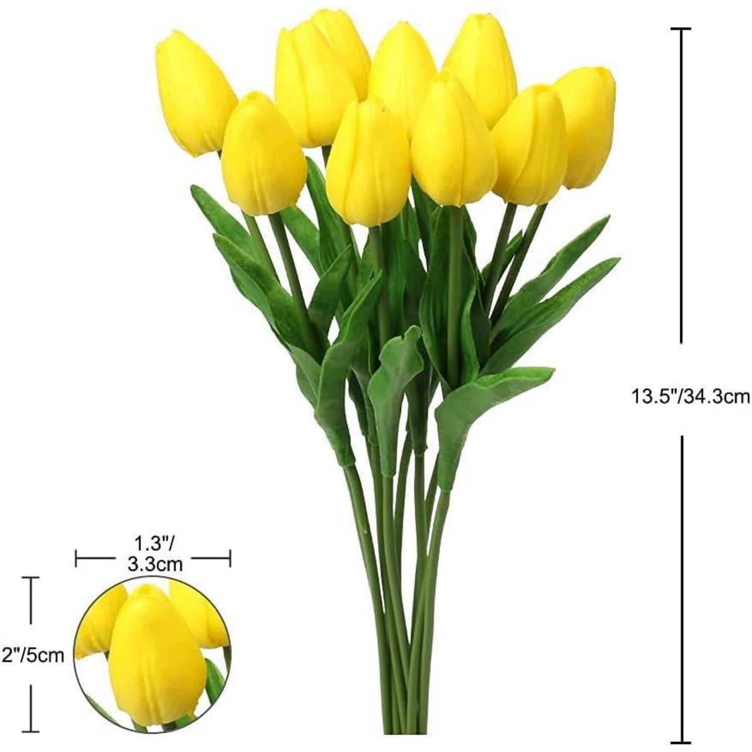 Ein Blumenstrauß aus gelben Tulpen mit Maßangaben. Jede Blume ist 3,3 cm breit, der Strauß ist 34,3 cm hoch.