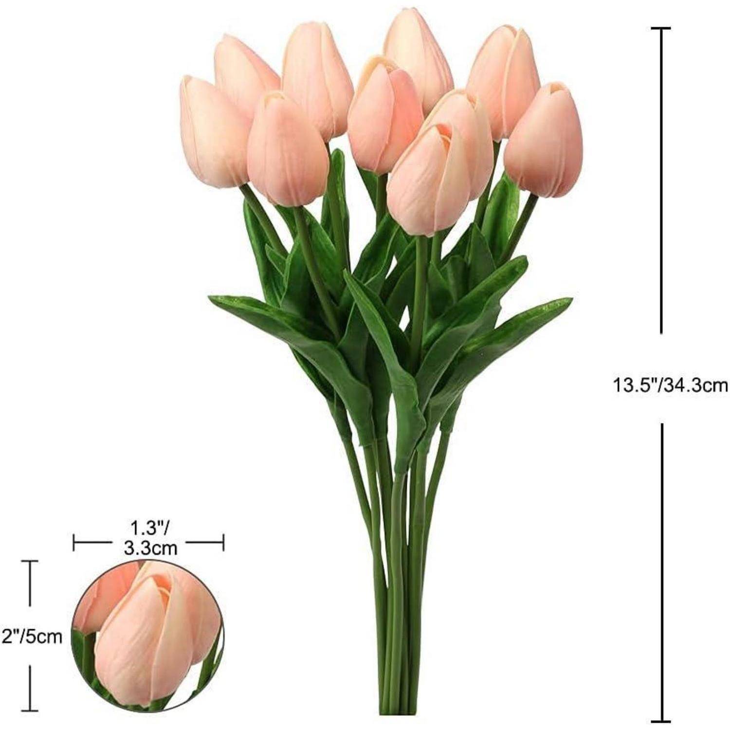 Rosa künstliche Tulpen mit grünen Stängeln, die in einem Blumenstrauß präsentiert werden. Die Abmessungen umfassen 13,5 Zoll Höhe und 1,3 Zoll Blumenbreite.