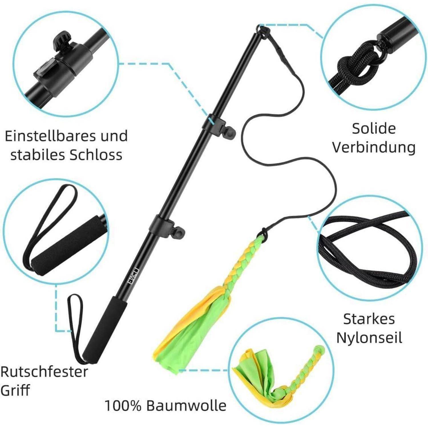 Ein schwarzer Katzenspielzeug-Wand mit rutschfestem Griff, verstellbarer Sperre, starkem Nylonseil, fester Verbindung und einem Köder aus 100% Baumwolle in Gelb und Grün.