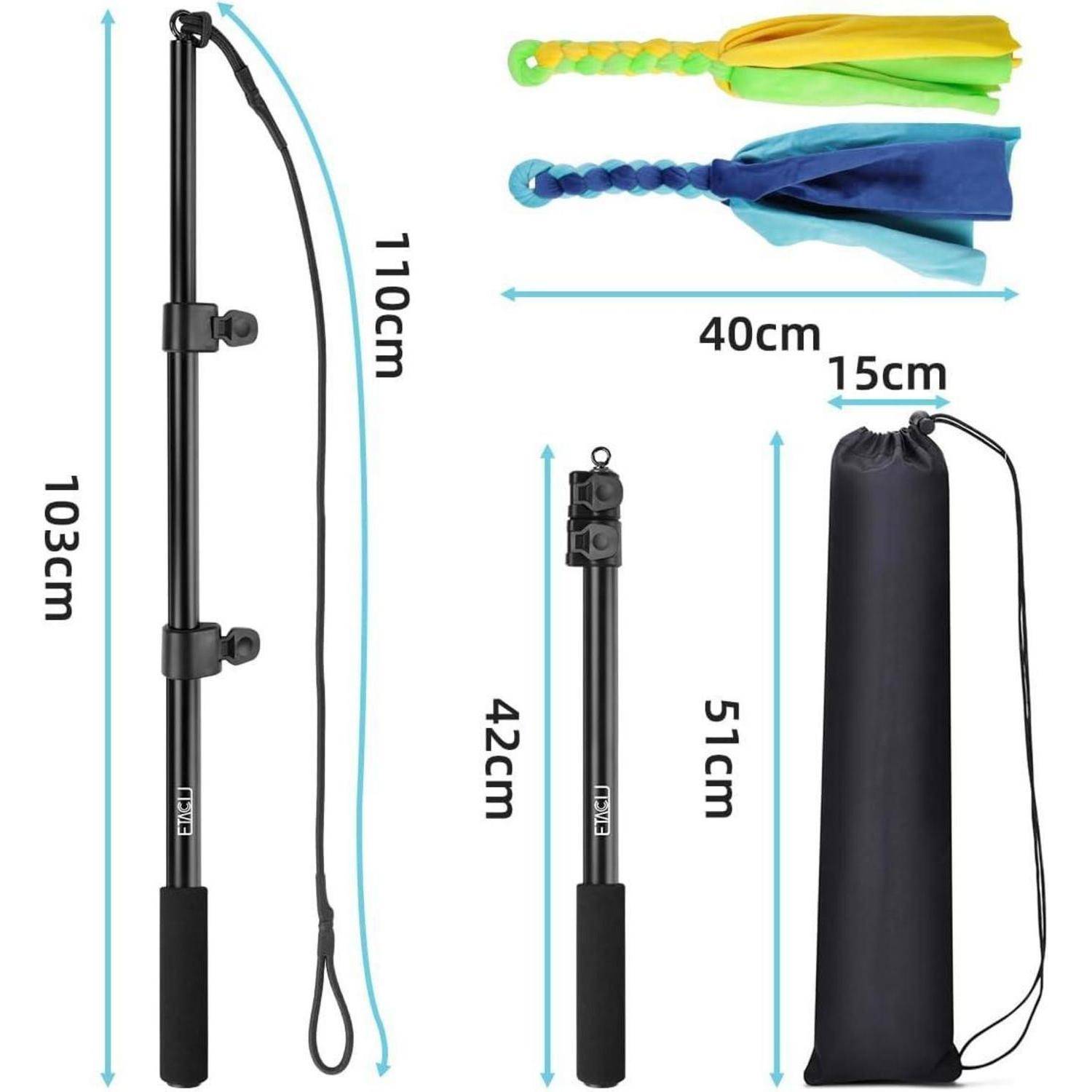 Ausziehbare Flirt-Pole-Set für Hunde mit Abmessungen: zusammengeklappt 42 cm, ausgefahren 103 cm oder 110 cm; inklusive 40 cm Lockvogel-Spielzeug und Aufbewahrungstasche.