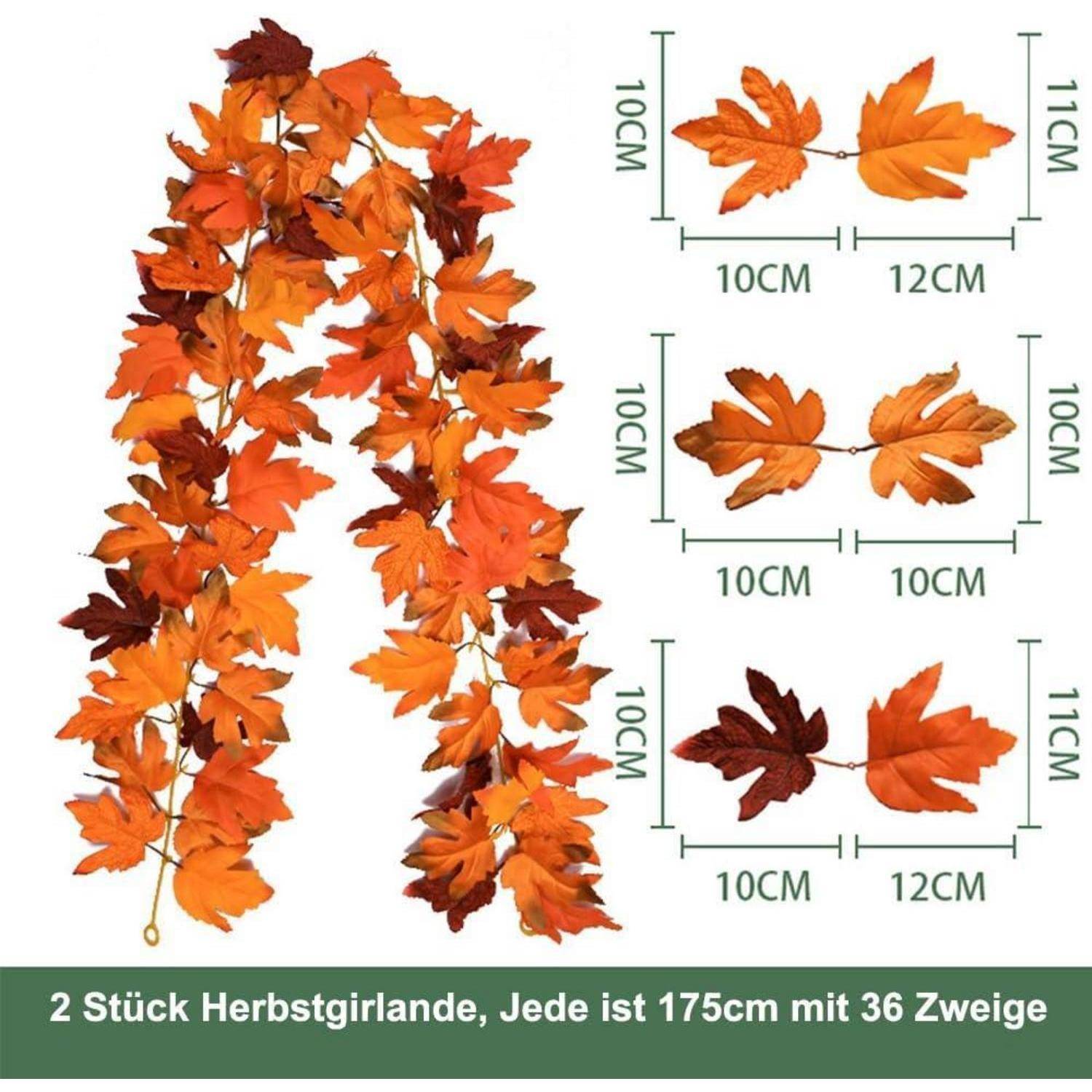 2 Stück Herbstgirlande, Jede ist 175cm mit 36 Zweige. Herbstblatt-Girlanden in orangefarbenen Tönen, detaillierte Messdiagramm rechts.