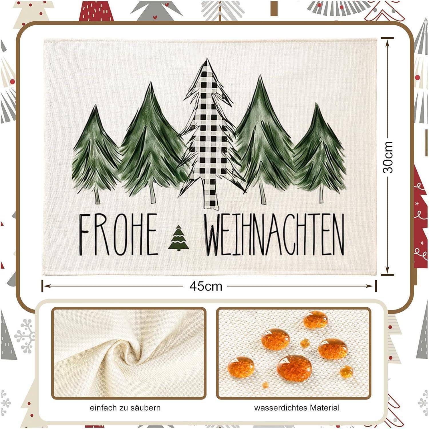 Eine weihnachtlich gestaltete Dekormatte wird gezeigt, die 45 cm x 30 cm misst und grüne Bäume sowie den Text 