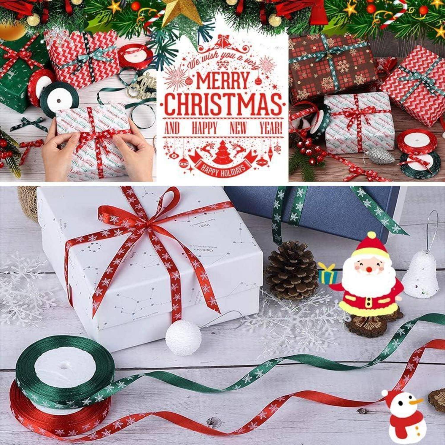 Hände, die Geschenke mit roten und grünen Bändern einwickeln, umgeben von Weihnachtsdekoration und einer Karte mit der Aufschrift 
