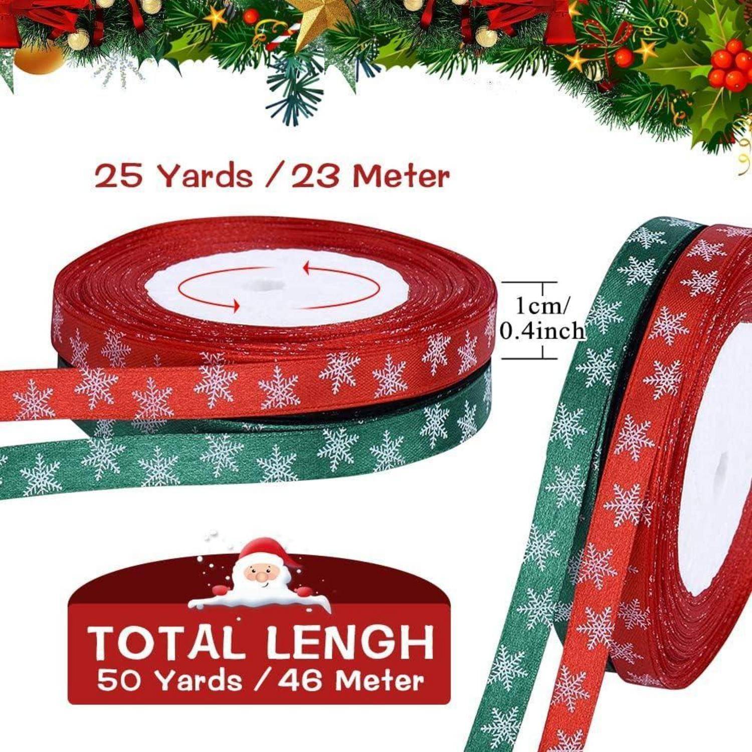 Rote und grüne, schneeflockengemusterte Bänder gerollt, zur Veranschaulichung der Längenumsetzung: '25 Yards / 23 Meter', 'Gesamtlänge 50 Yards / 46 Meter'.