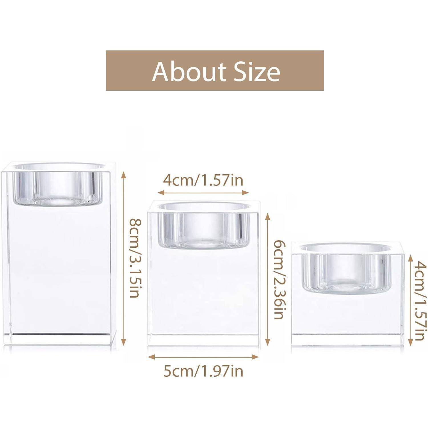 Drei transparente Kerzenhalter unterschiedlicher Größen werden gezeigt mit den Abmessungen: 8cm x 5cm, 6cm x 6cm und 4cm x 4cm, mit der Beschriftung "Über Größe"".