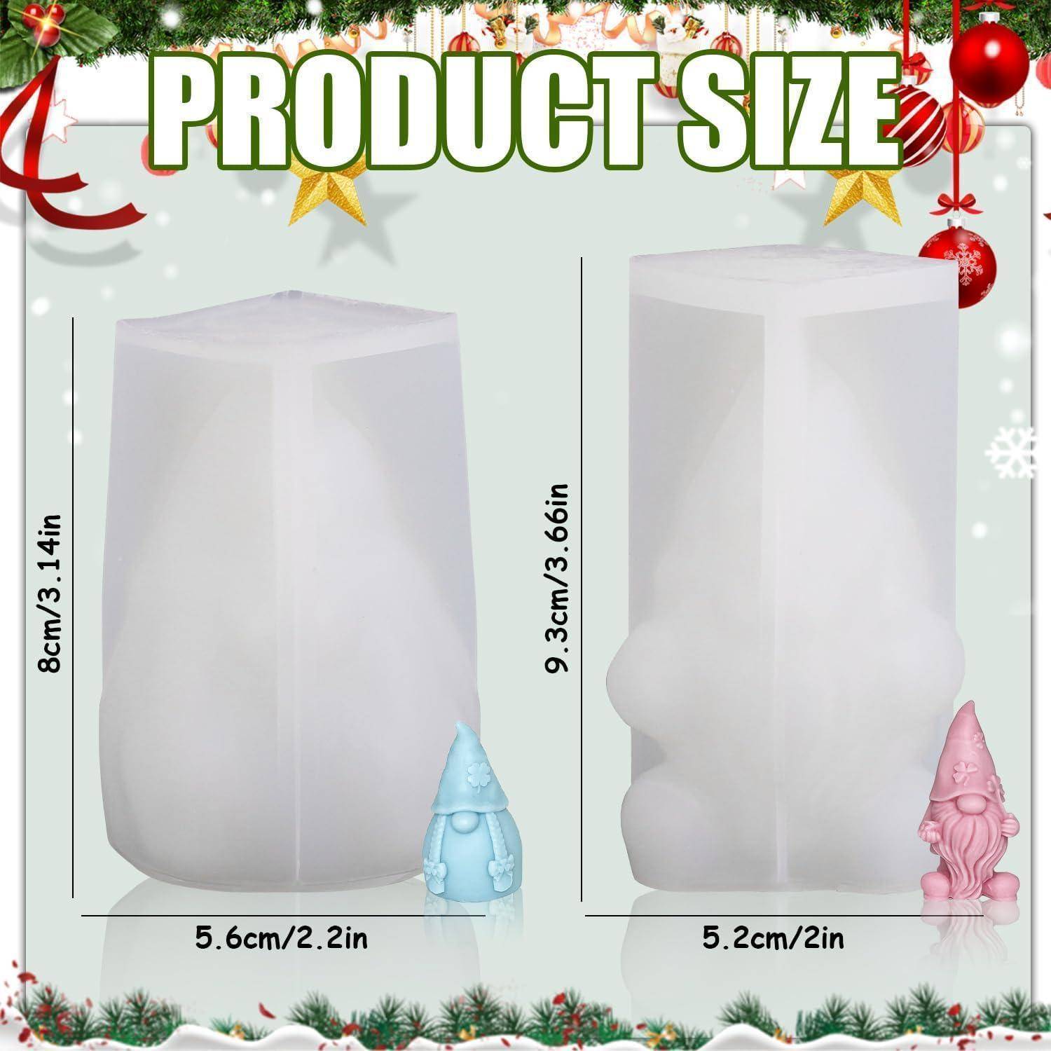 Produktgröße' Bild mit Silikonformen-Messungen: Linke Form 8 cm/3,14 Zoll Höhe, 5,6 cm/2,2 Zoll Breite. Rechte Form 9,3 cm/3,66 Zoll Höhe, 5,2 cm/2 Zoll Breite. Zeigt dekorative Gartenzwerge.