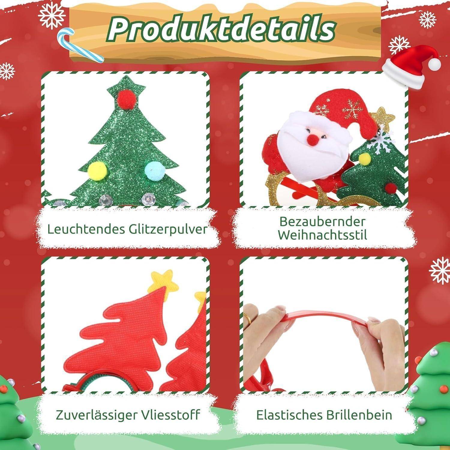 Vier festliche Produktbilder werden mit deutschen Bezeichnungen angezeigt: 'Leuchtendes Glitzerpulver,' 'Bezaubernder Weihnachtsstil,' 'Zuverlässiger Vliesstoff,' und 'Elastisches Brillenbein.