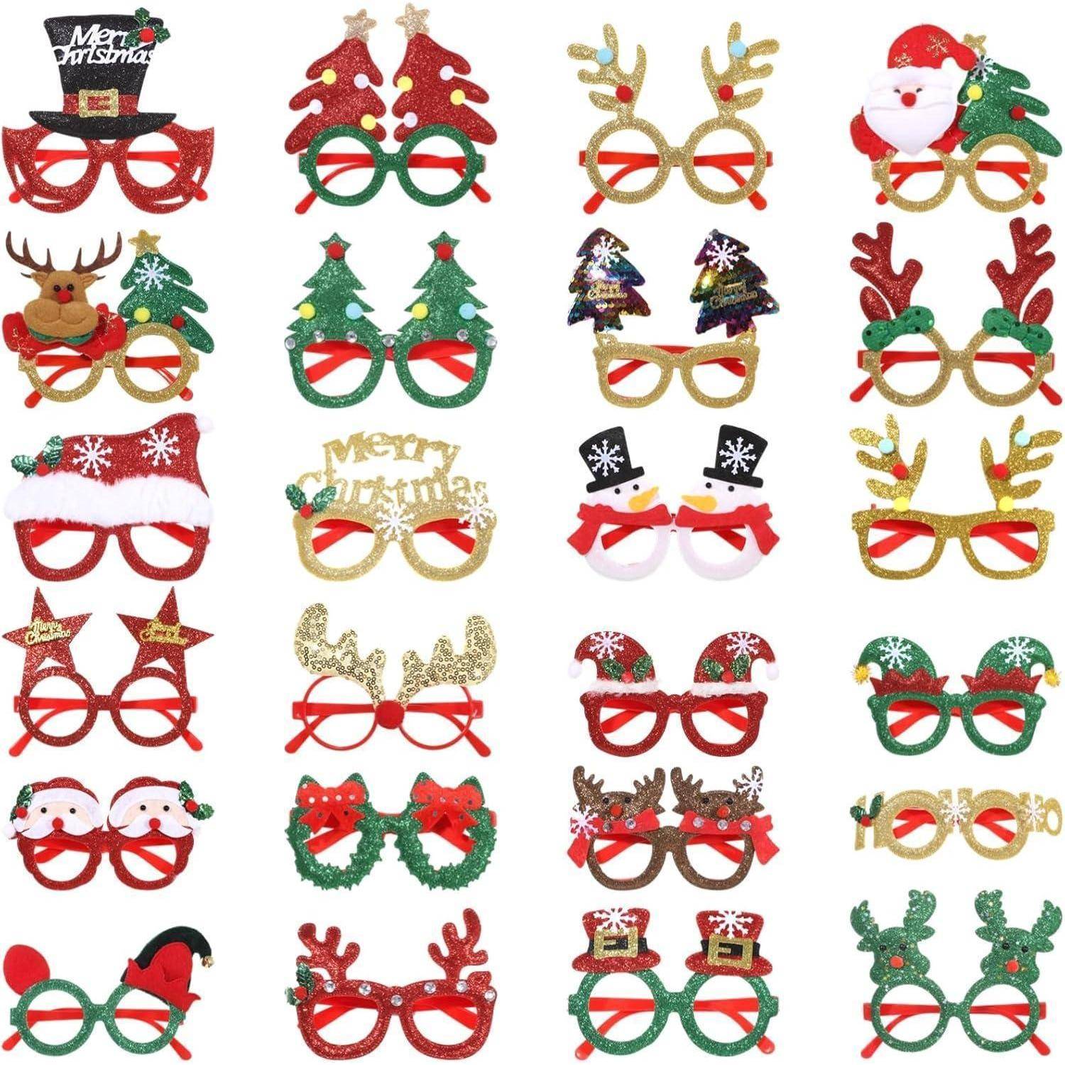 Festliche weihnachtlich gestaltete Partybrillen mit verschiedenen Motiven wie Weihnachtsbäumen, Rentieren, Weihnachtsmann und Schneemännern, in Reihen angeordnet.