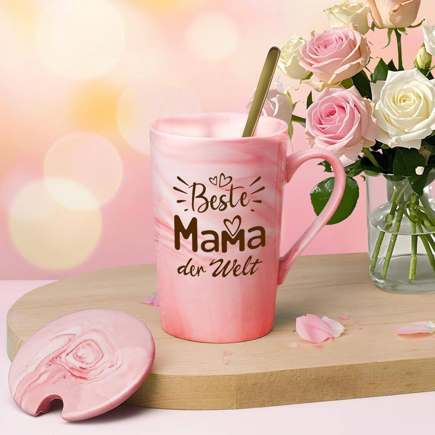 Eine rosa Tasse mit dem Text 