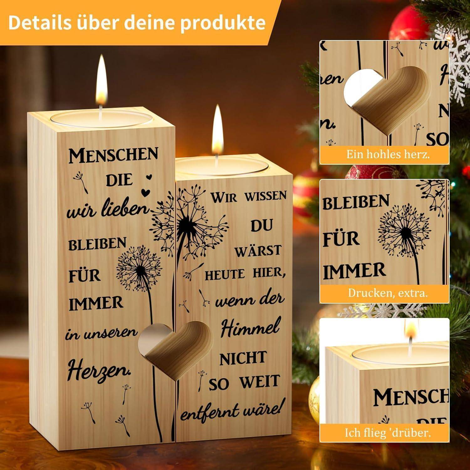 Ein Holz-Kerzenhalter mit einer herzförmigen Aussparung und deutschem Text über Liebe und Erinnerung, umgeben von Weihnachtsdekoration.