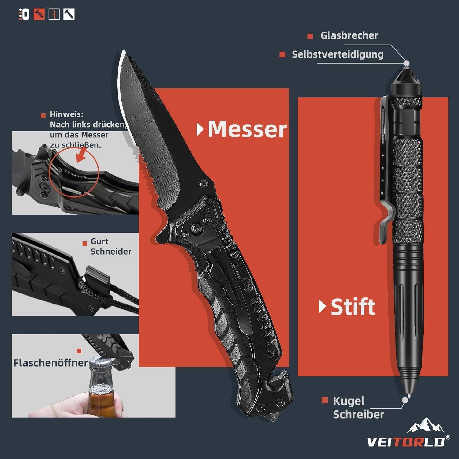 Taktisches Messer- und Stift-Set zur Selbstverteidigung mit Glasbrecher, Gurtschneider und Flaschenöffner. Enthält Text auf Deutsch.