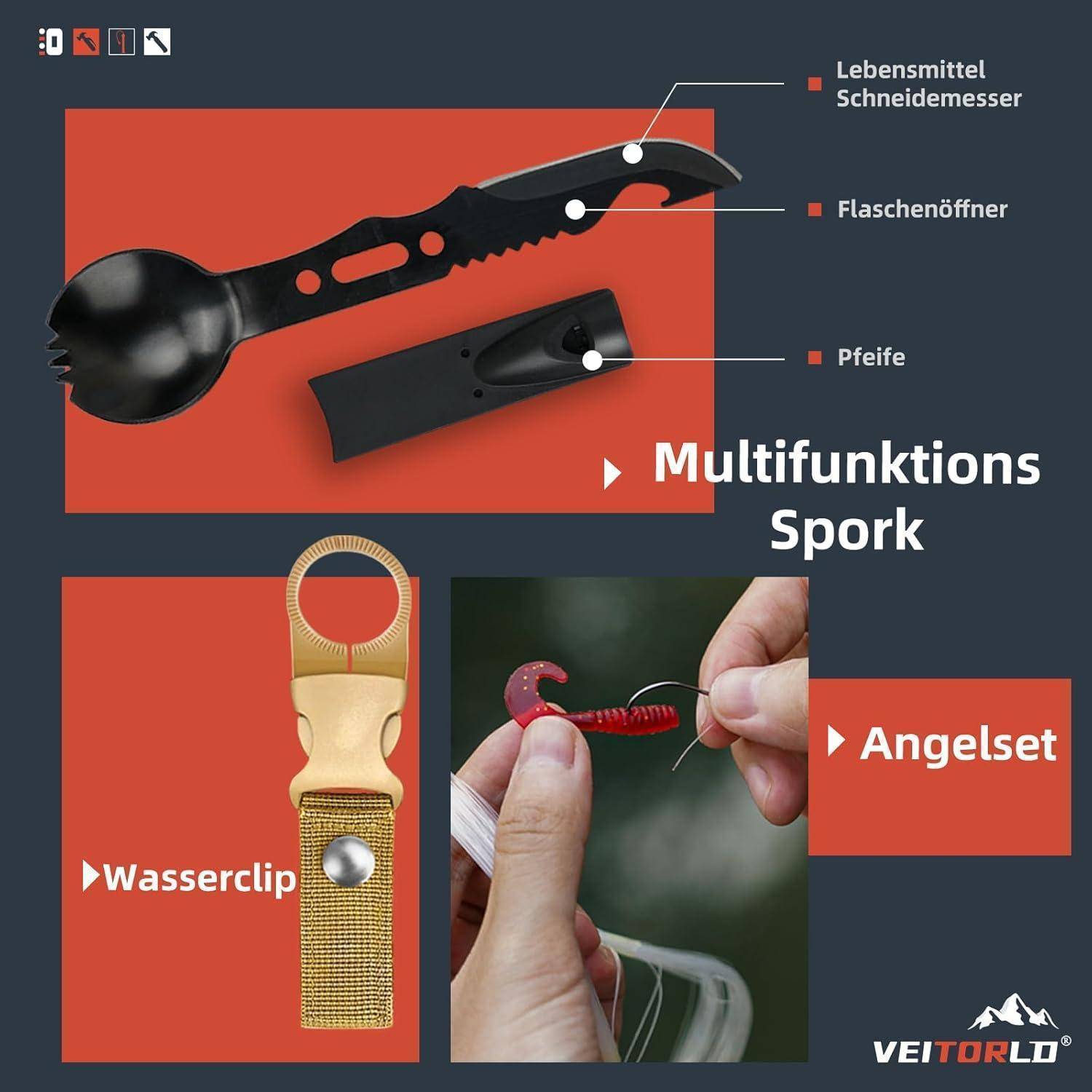 Multifunktionaler Spork: Lebensmittelausschneidemesser, Flaschenöffner, Pfeife. Angelset: Wasserclip, rot-gelber Wurm. Hersteller: Veitorld.