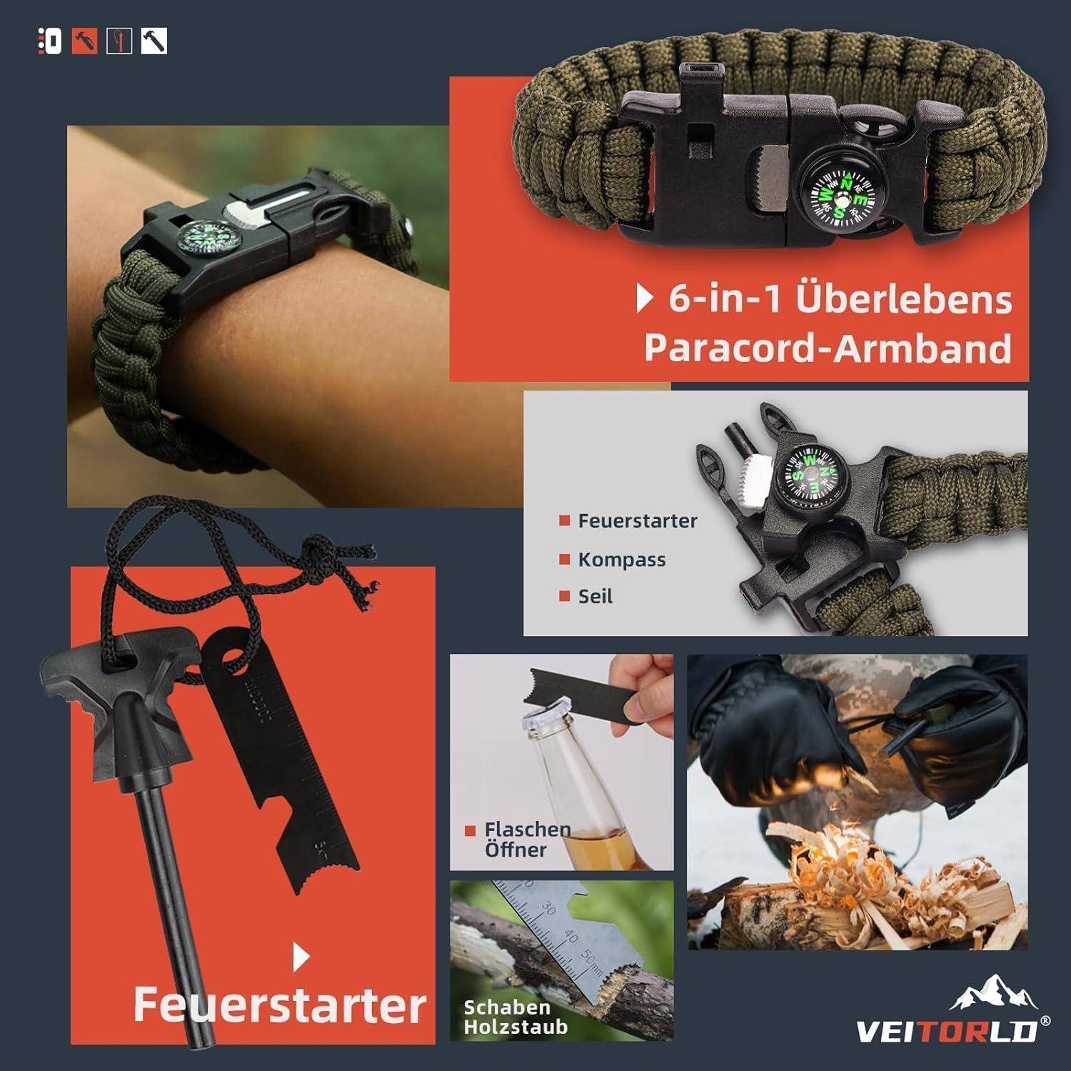 Ein Multitool-Überlebensarmband mit Kompass, Feuerzeug und Flaschenöffner wird gezeigt, wobei seine Verwendungsmöglichkeiten wie das Entfachen eines Feuers hervorgehoben werden.