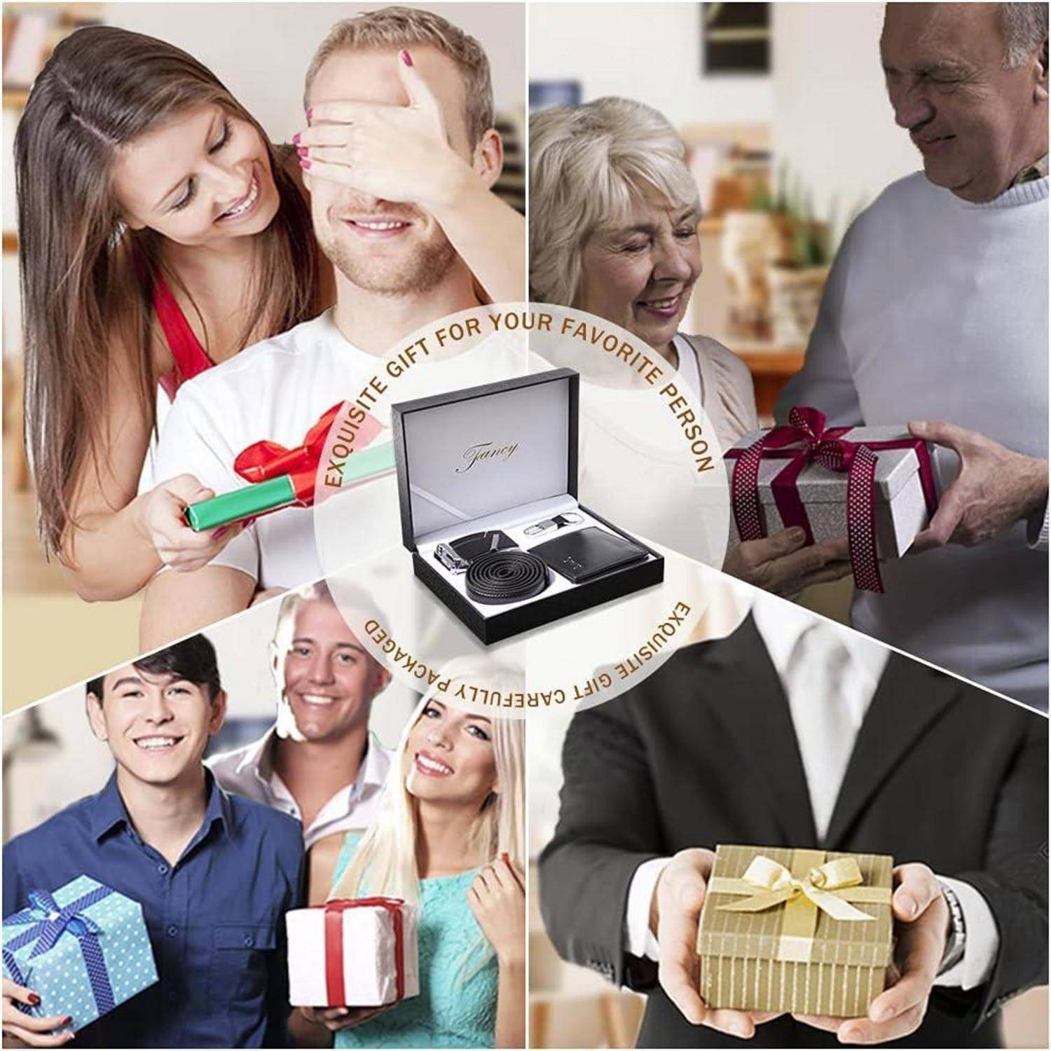 Eine Collage von Menschen, die Geschenke überreichen, darunter ein Paar, ein älteres Ehepaar und zwei junge Erwachsene, mit einem zentralen Bild einer verpackten Krawattengeschenkbox.