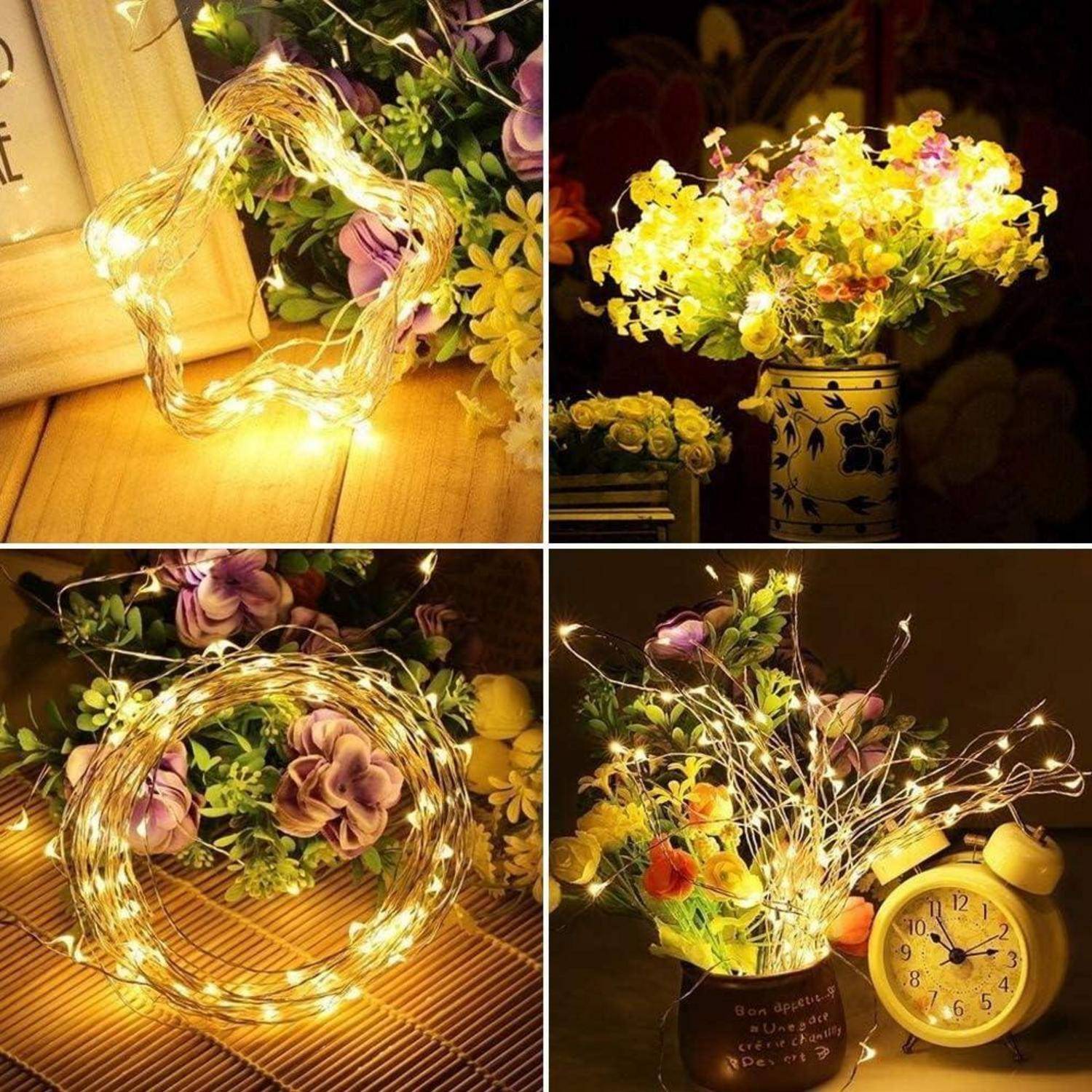 Vier Dekorationsanordnungen mit warmem Feenlicht: aufgewickelte Lichter mit Blumen, Lichterketten in einer Vase und Lichter neben einer Blumenuhr.