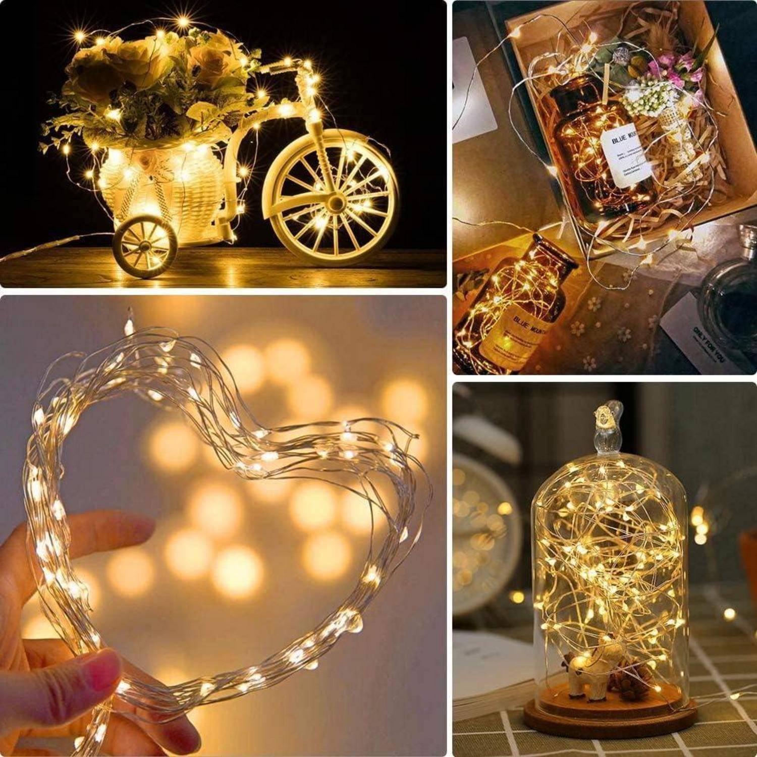 Verschiedene dekorative Arrangements von warmen Lichterketten, darunter ein Fahrrad, eine Herzform, eine Glasglocke und eine Box mit Blumen, die eine gemütliche Atmosphäre schaffen.