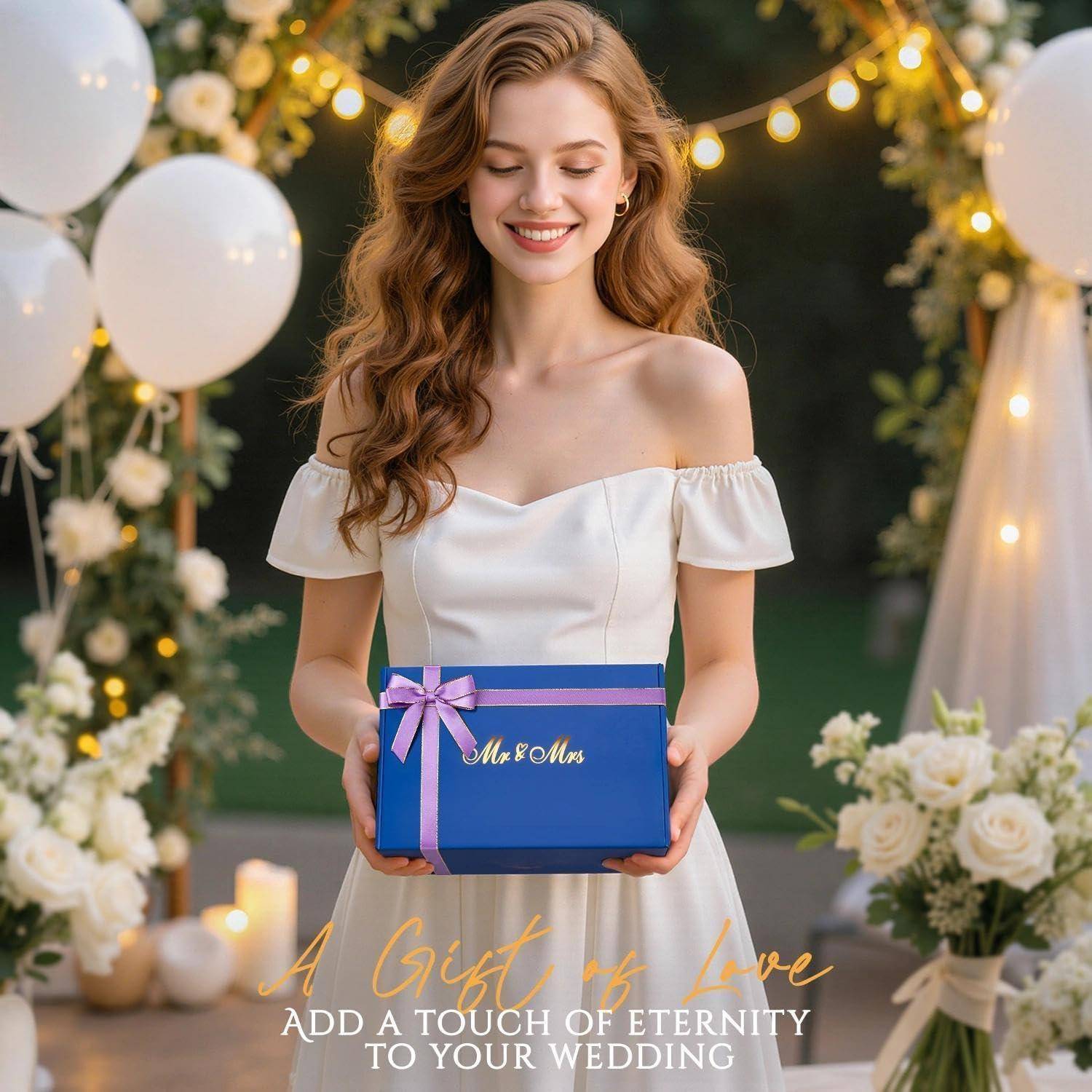 Eine Frau in einem weißen Kleid hält ein blaues Geschenk mit einem rosa Band, auf dem 