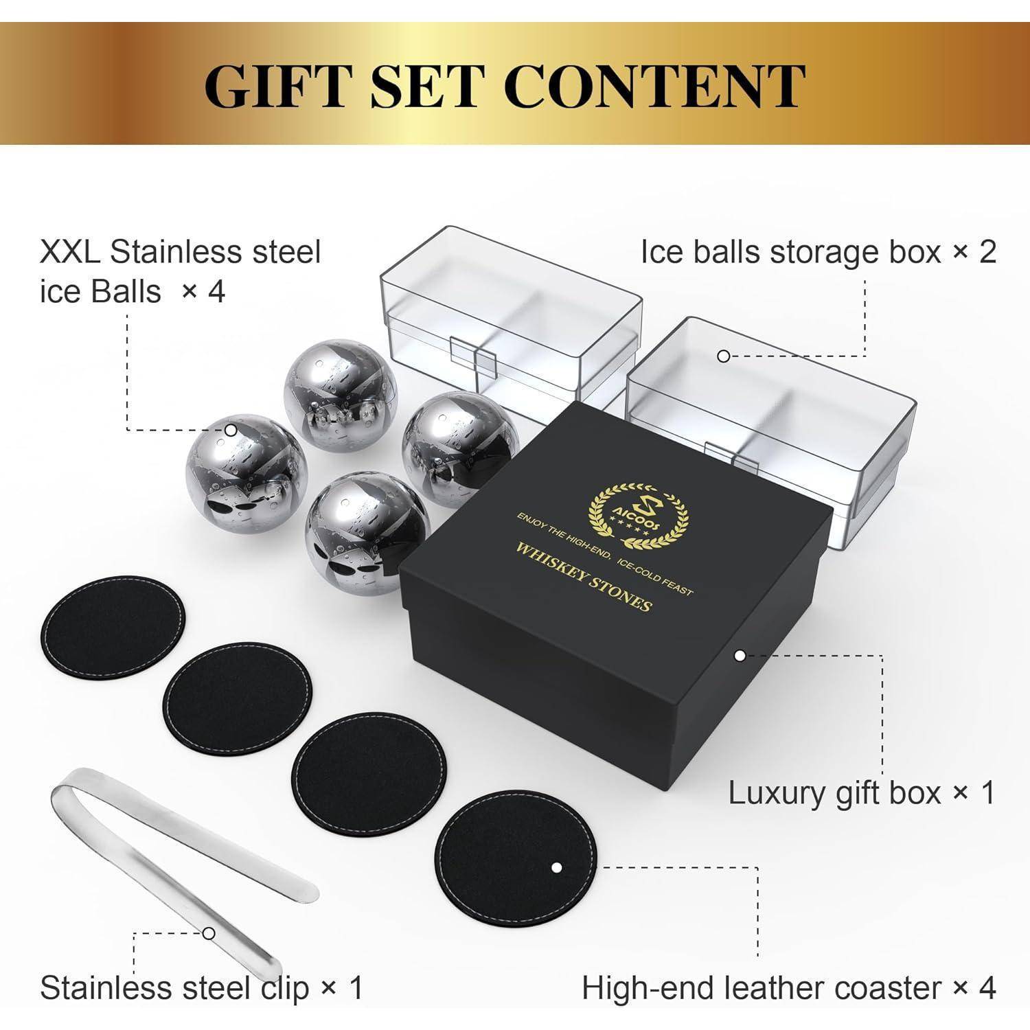 Geschenkset Inhalt: Enthält XXL Edelstahl-Eiskugeln, Eiskugeln-Aufbewahrungsboxen, Edelstahlclip, luxuriöse Geschenkbox, Lederuntersetzer.