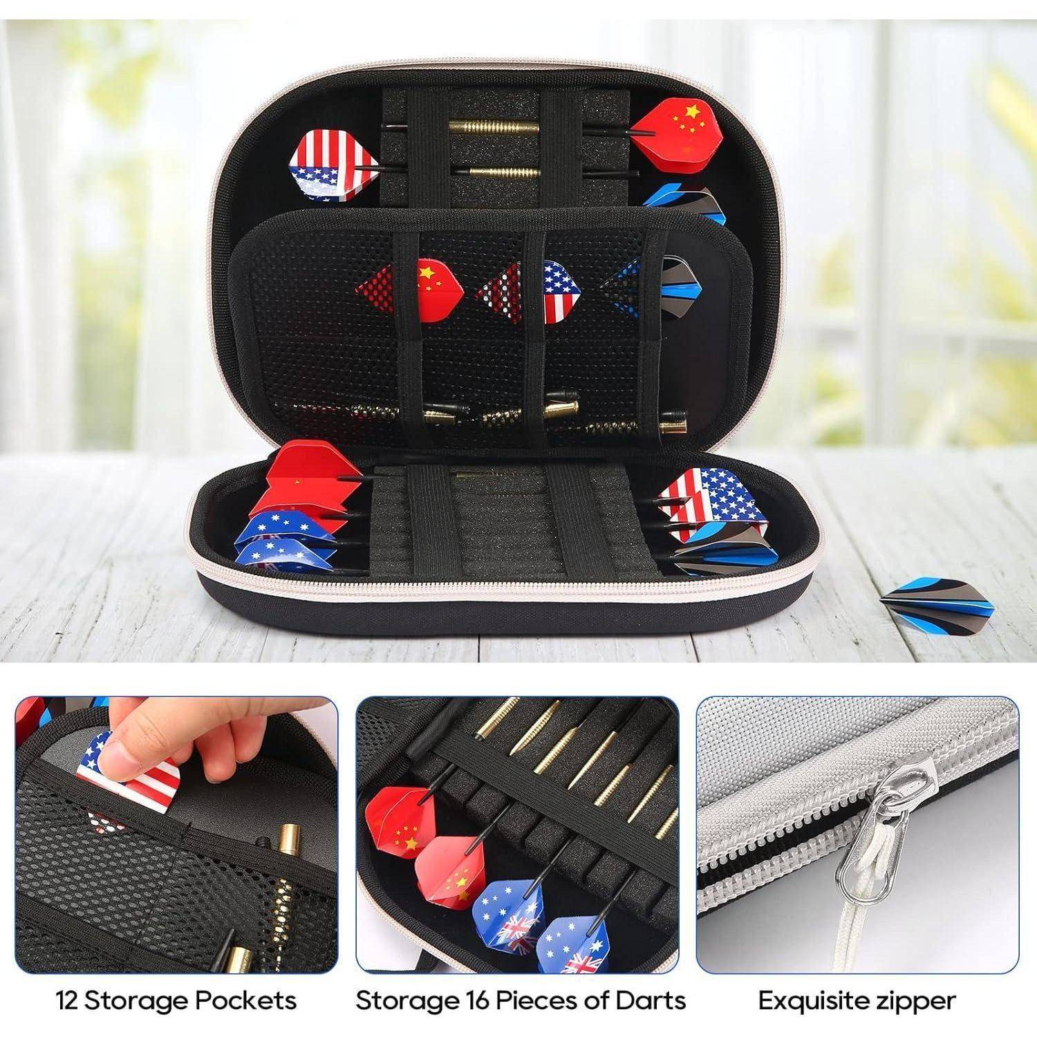 Dart-Etui mit 12 Aufbewahrungstaschen für 16 Pfeile, mit Designs verschiedener Länderflaggen. Detailaufnahme des robusten Reißverschlusses.