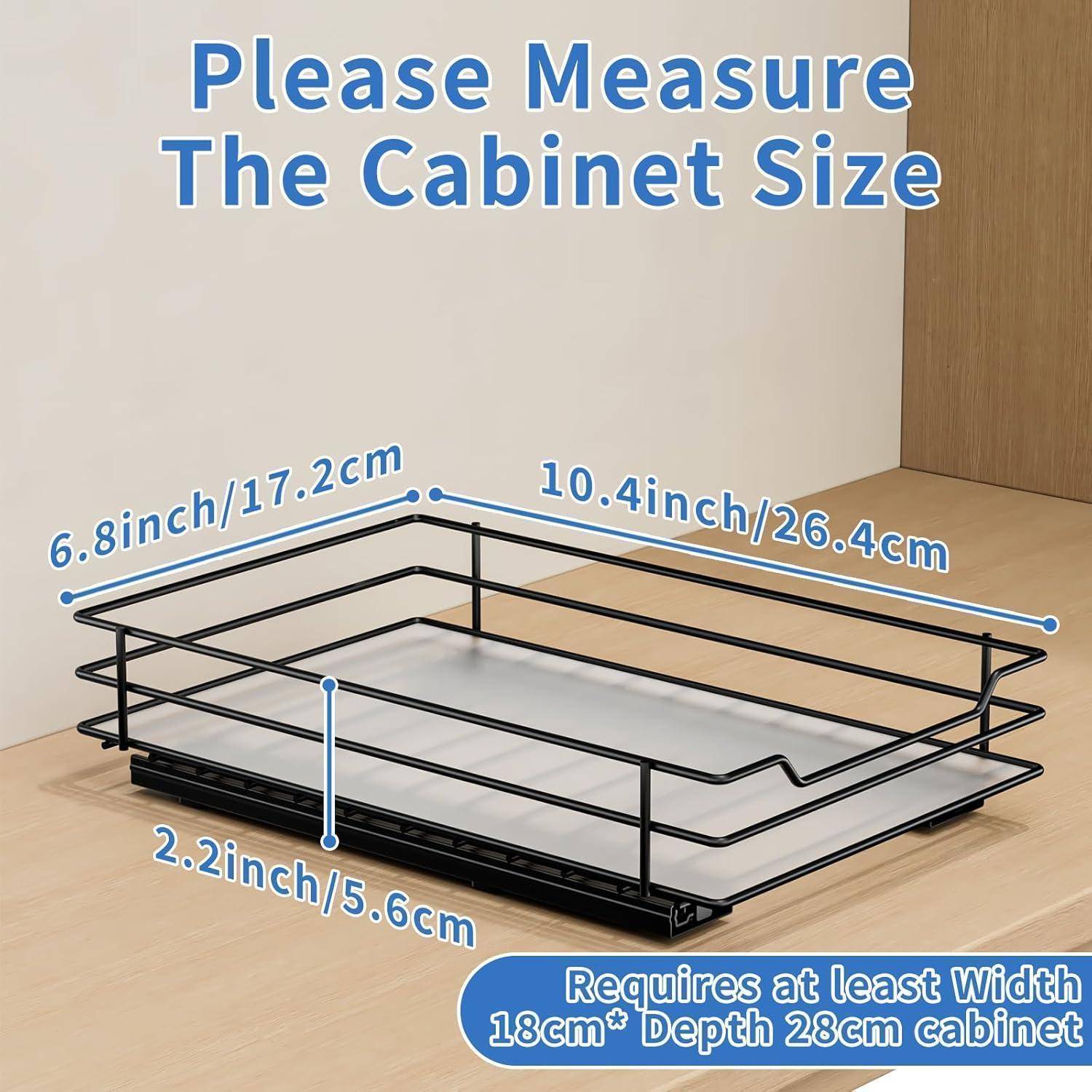 Auszugschublade Abmessungen: 6,8x10,4x2,2 Zoll (17,2x26,4x5,6 cm). Hinweis: 'Bitte messen Sie die Schrankgröße'. Minimum: 18 Zoll Breite, 28 cm Tiefe.