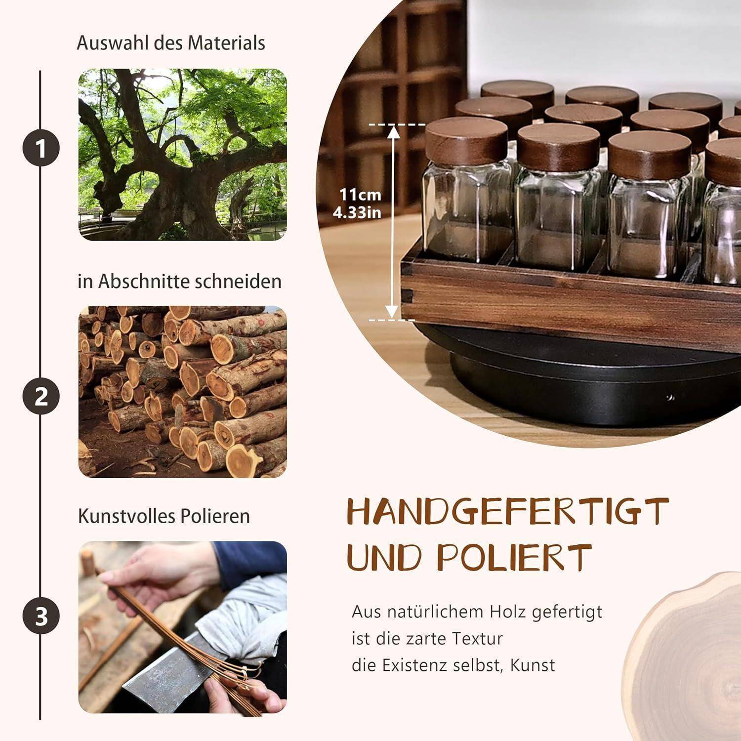 Ein Holzdisplay hält kleine Glasgläser mit Korkverschlüssen. Prozessschritte: Materialauswahl, Schneiden, Polieren. Text lautet 