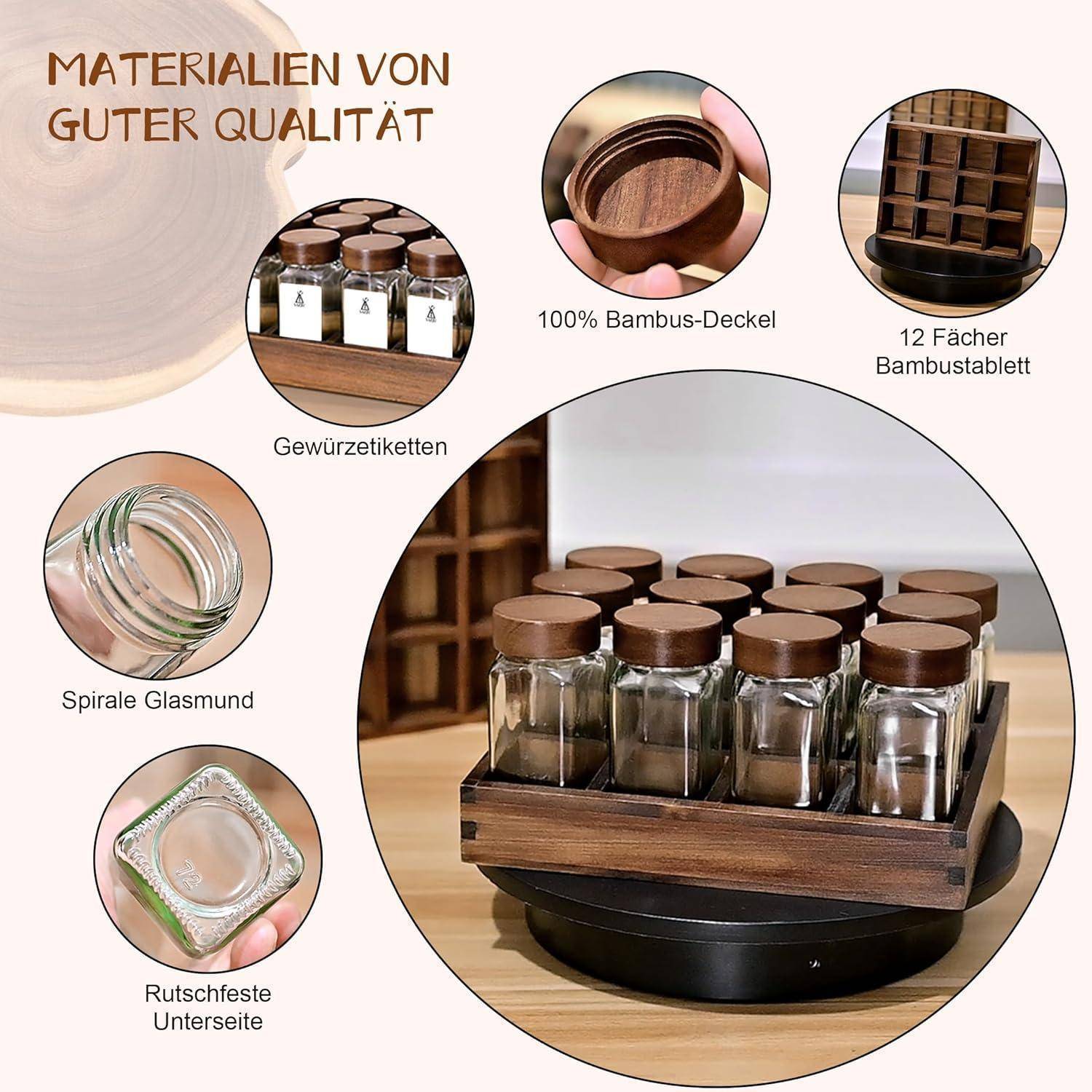 Gewürzglas-Set mit Bambusdeckeln und Etiketten. Beinhaltet einen 12-teiligen Bambusständer. Mit spiralförmigem Glasdesign und rutschfester Basis.