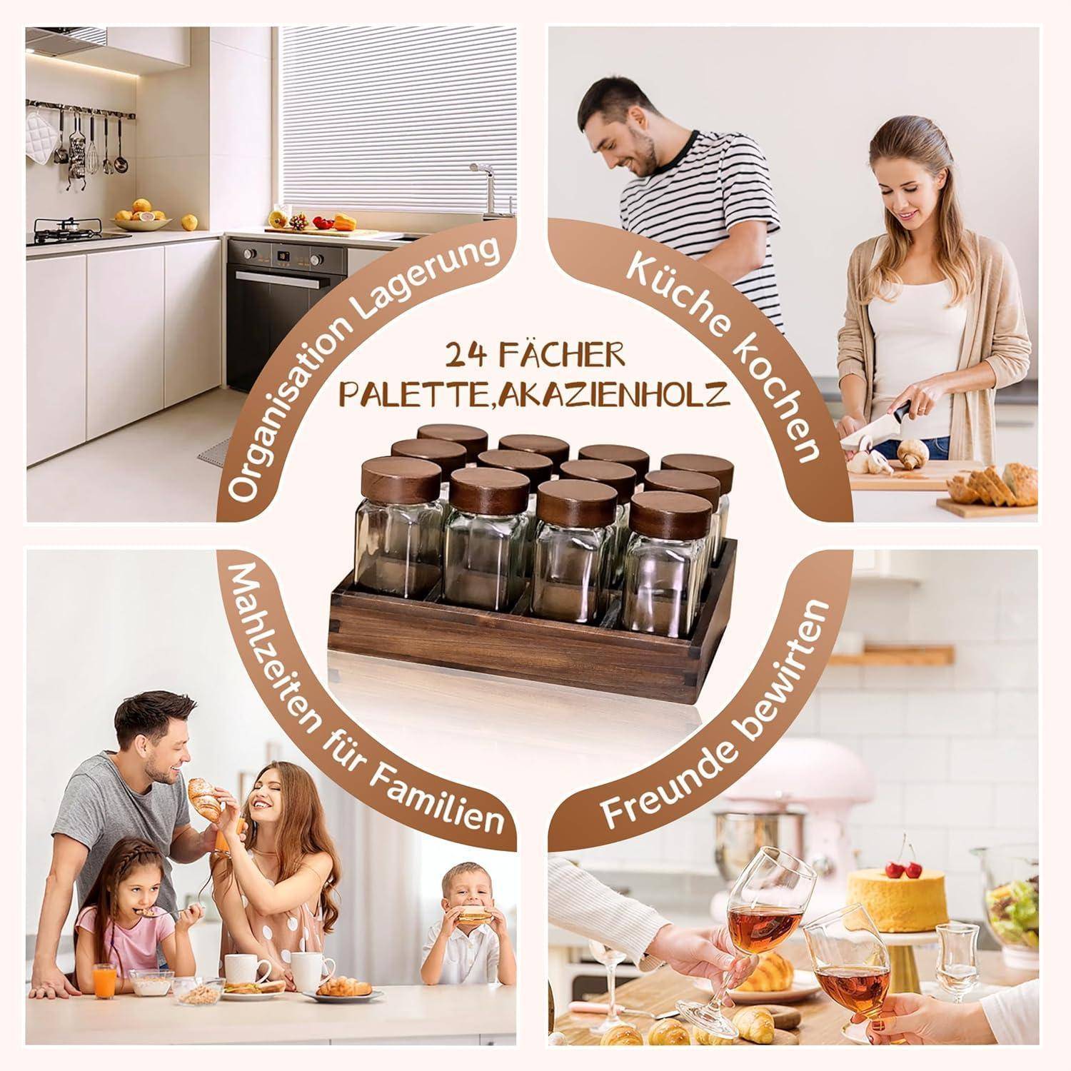 Eine Collage zeigt organisierte Küchenszenen und Familien, die Mahlzeiten genießen, mit Fokus auf einem Holzgewürzregal, das mit '24 Fächer Palette Akazienholz' beschriftet ist.